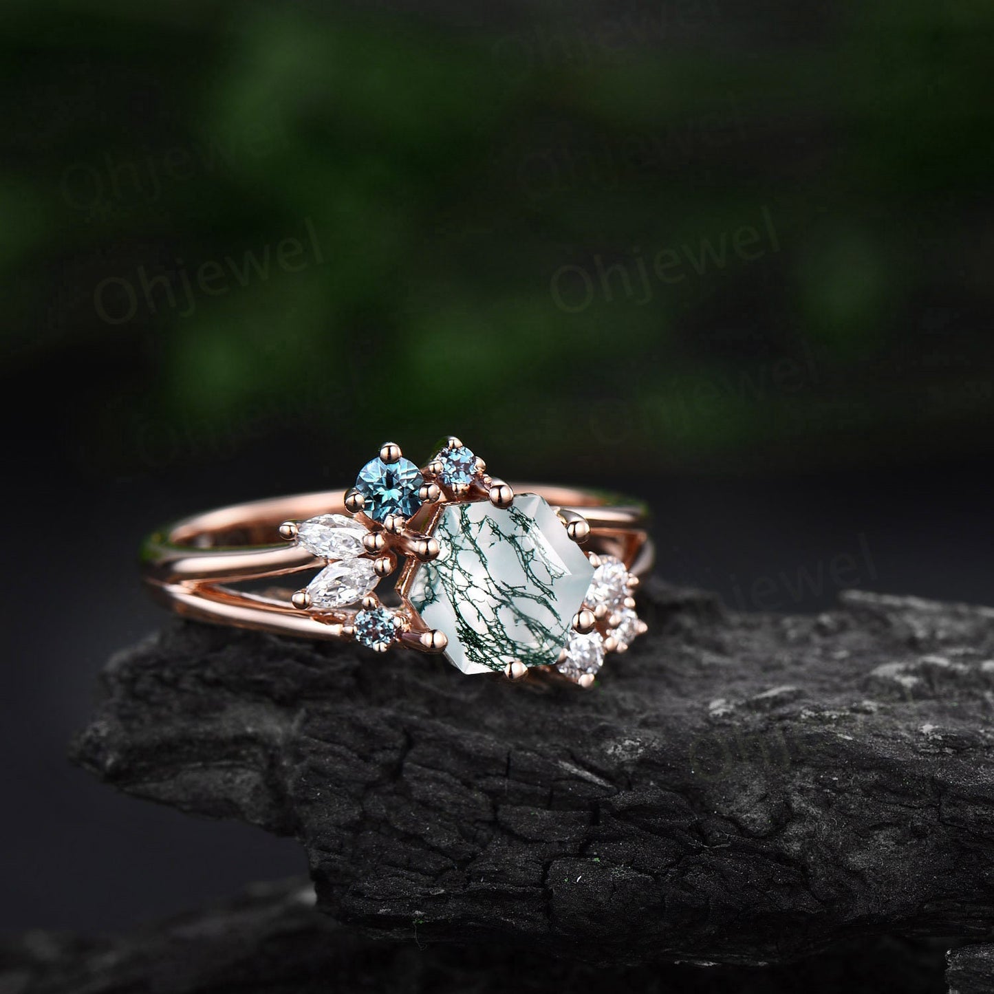 Hexagon cut moss agate engagement ring 14k rose gold silver cluster alexandrite ring 6 prong split shank diamond promise wedding ring women