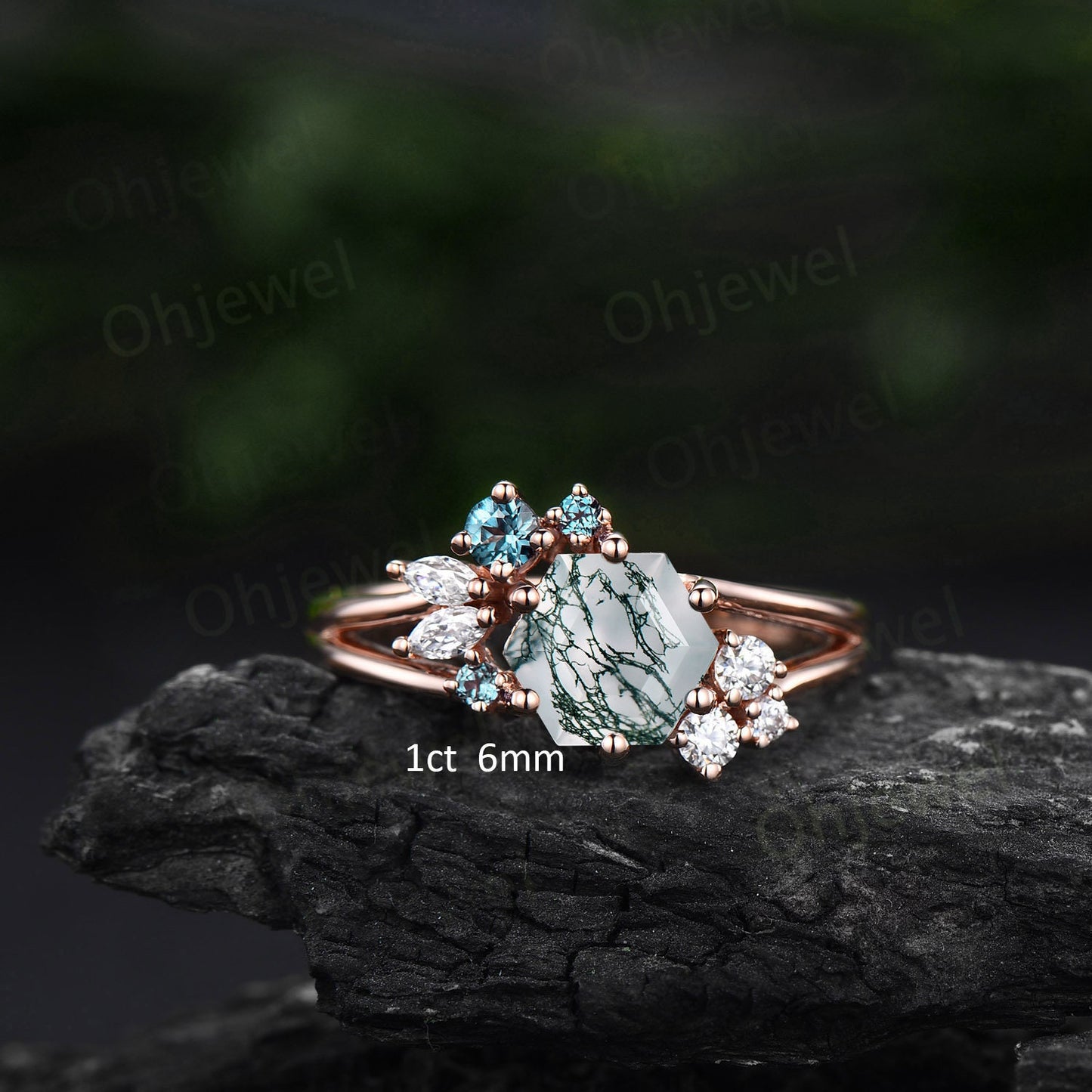 Hexagon cut moss agate engagement ring 14k rose gold silver cluster alexandrite ring 6 prong split shank diamond promise wedding ring women