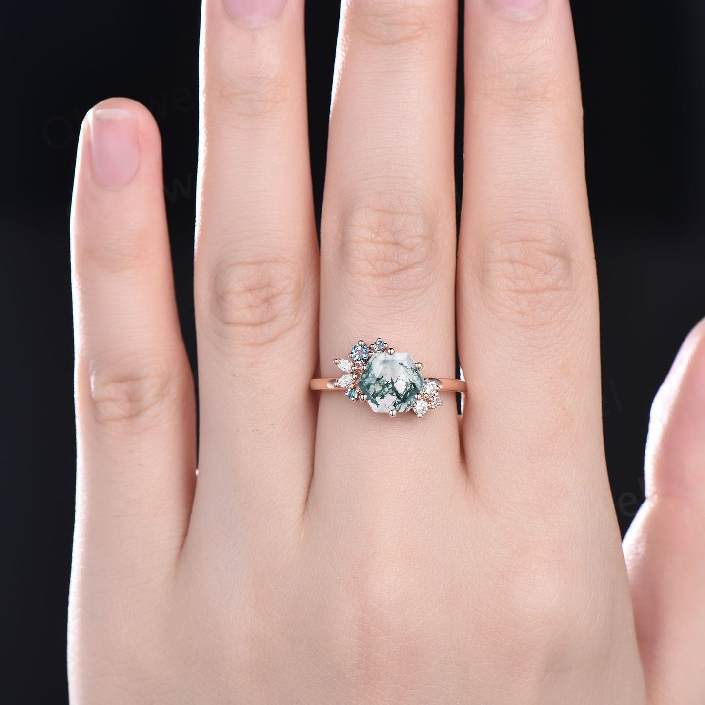 Vintage 7mm Hexagon cut green moss agate engagement ring rose gold marquise unique cluster engagement ring alexandrite diamond ring women