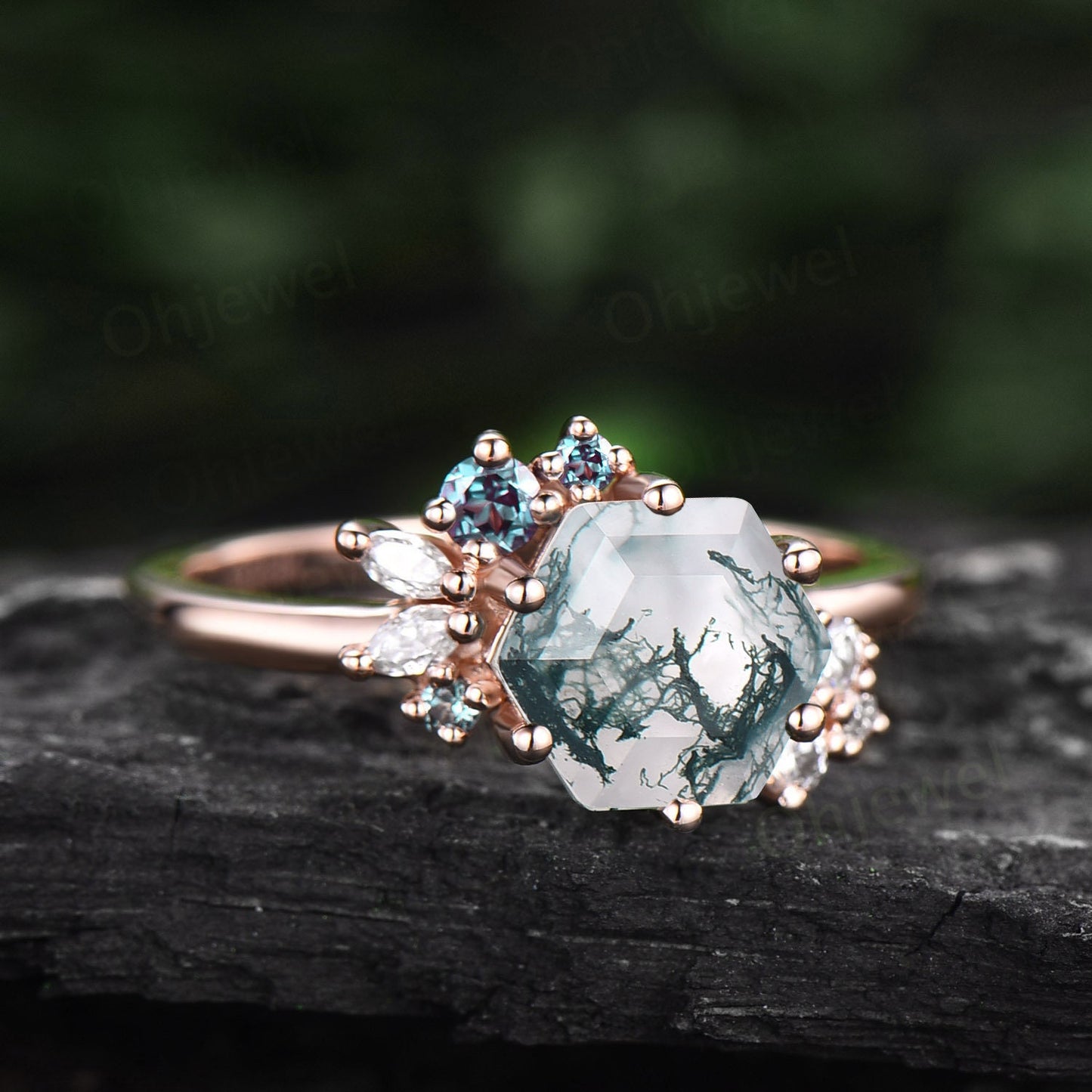 Vintage 7mm Hexagon cut green moss agate engagement ring rose gold marquise unique cluster engagement ring alexandrite diamond ring women