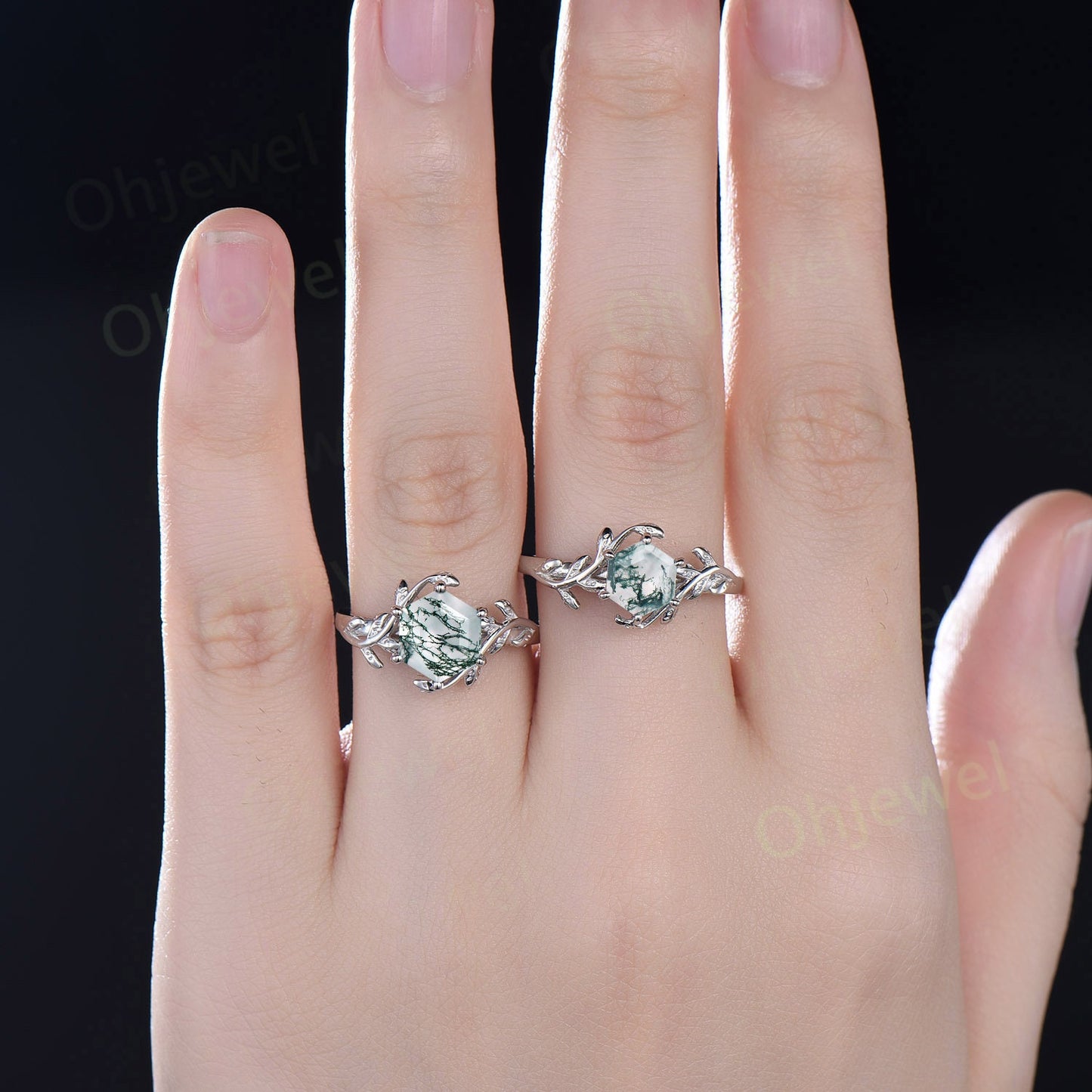 7mm Hexagon cut green moss agate engagement ring white gold leaf alternative nature inspired engagement ring for women promise ring her gift