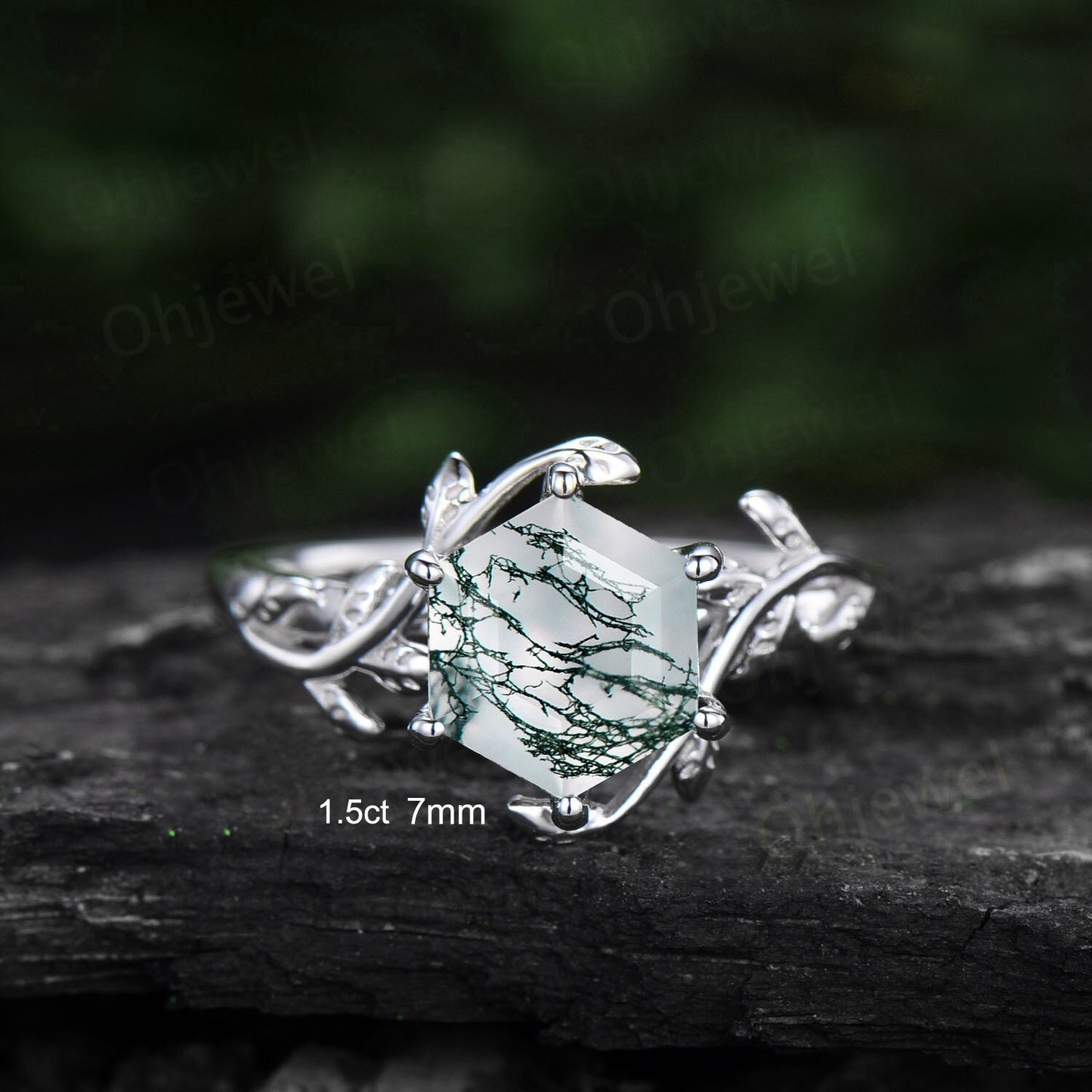7mm Hexagon cut green moss agate engagement ring white gold leaf alternative nature inspired engagement ring for women promise ring her gift