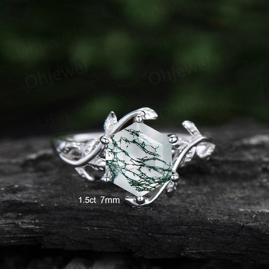 7mm Hexagon cut green moss agate engagement ring white gold leaf alternative nature inspired engagement ring for women promise ring her gift