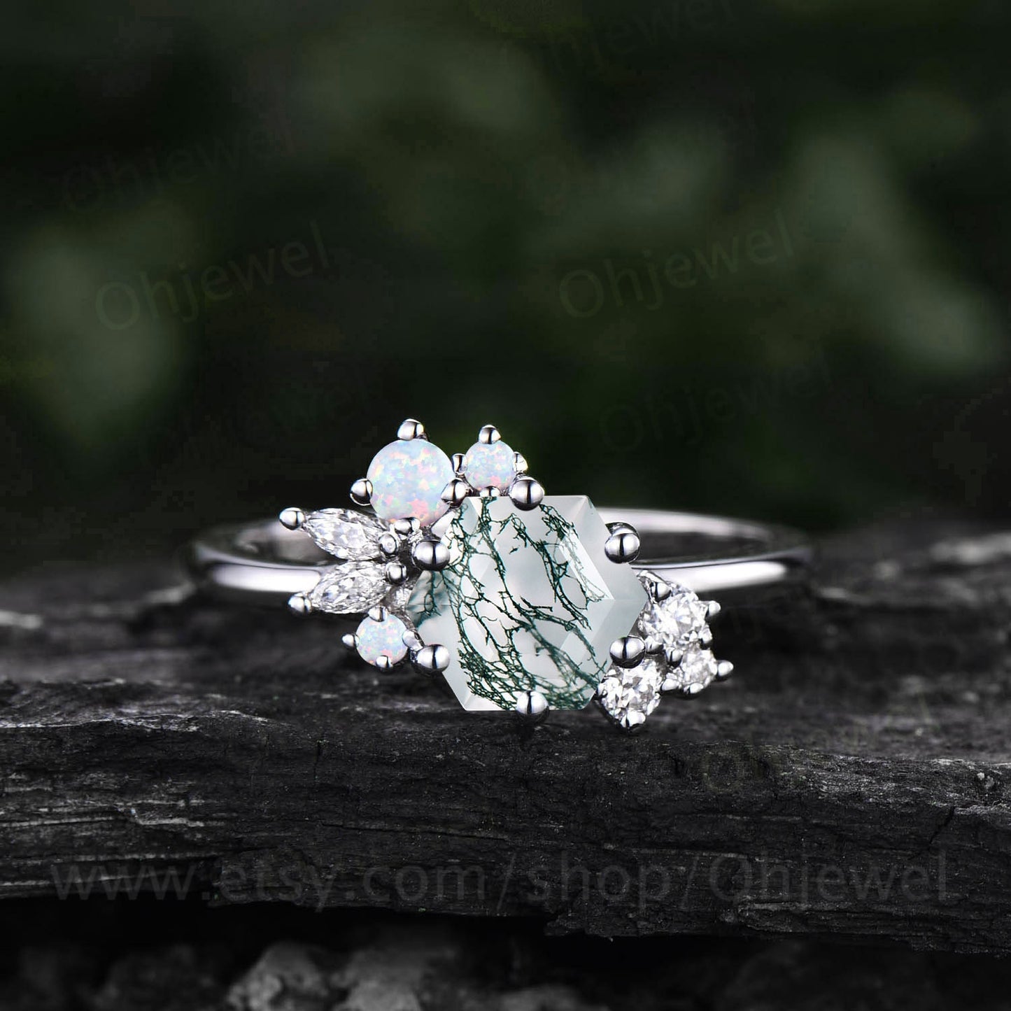 Hexagon cut green moss agate ring gold silver vintage unique engagement ring cluster opal ring art deco diamond promise wedding ring women
