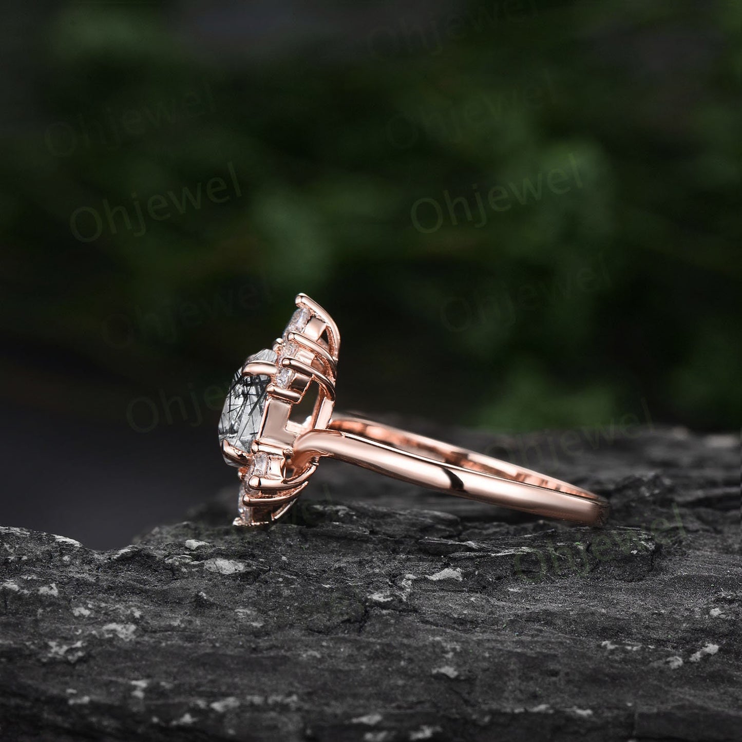 Vintage Hexagon cut black rutilated quartz ring rose gold silver unique cluster engagement ring for women black diamond anniversary ring