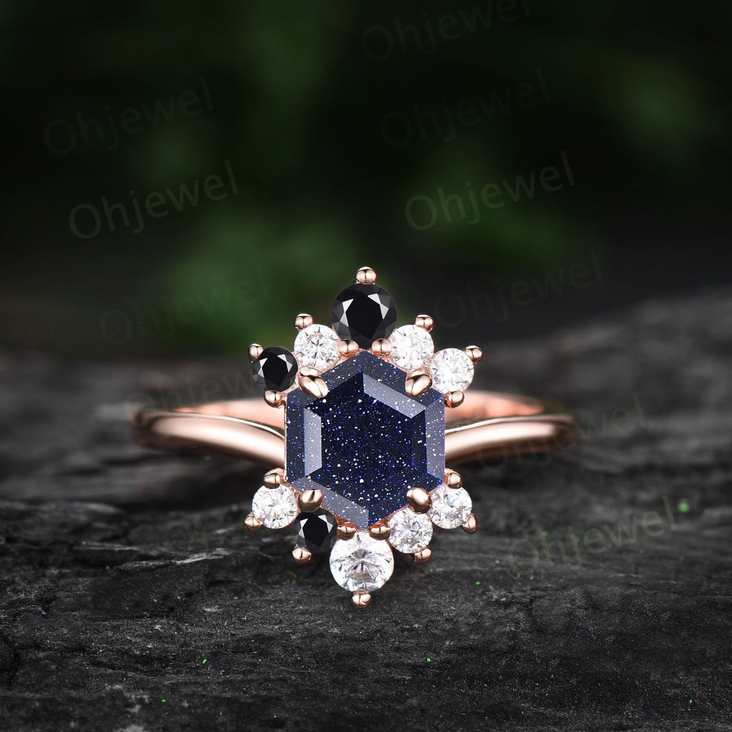 7mm Hexagon cut blue sandstone ring Vintage unique cluster engagement ring women rose gold silver blue goldstone black diamond wedding ring
