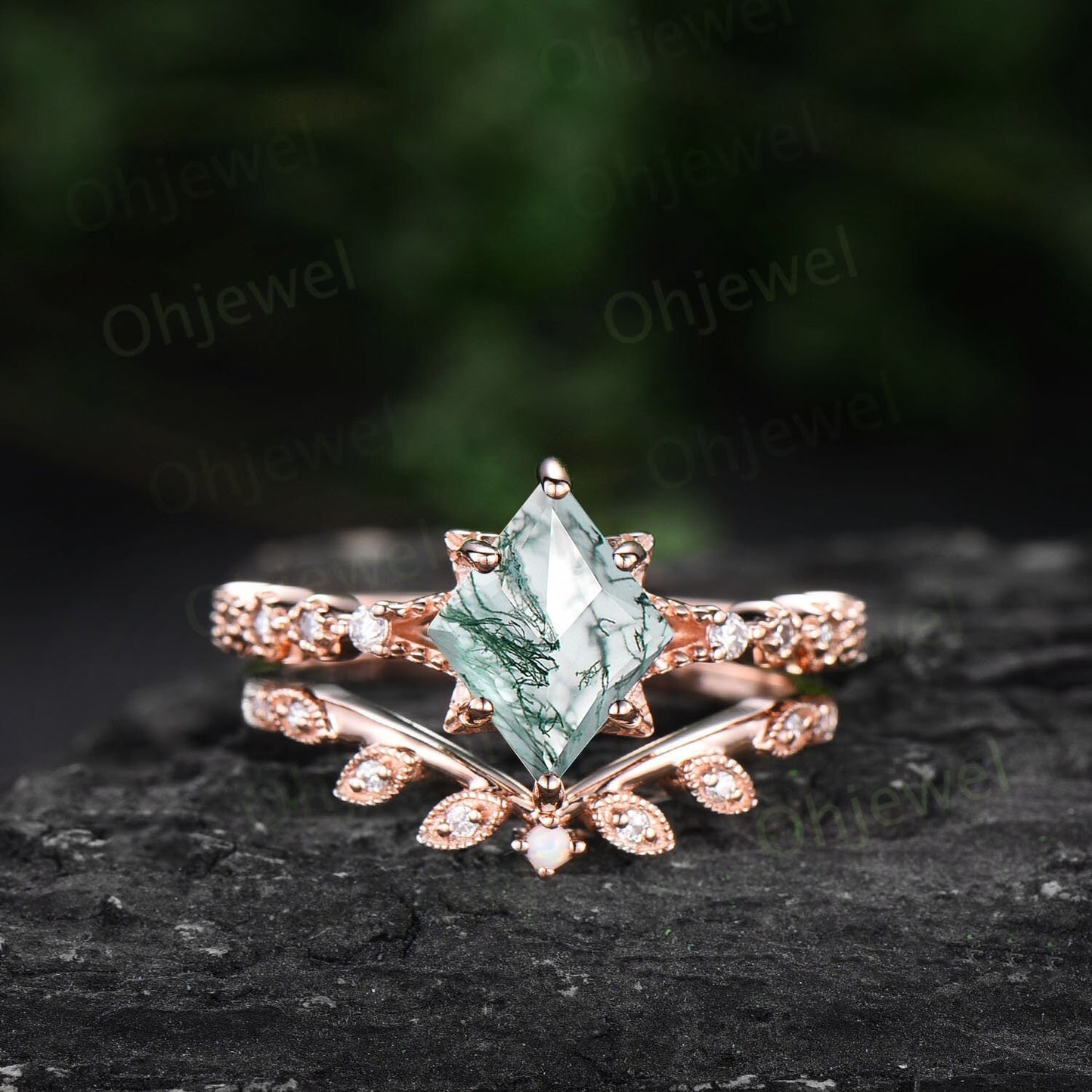 Kite cut green moss agate ring rose gold unique engagement ring set women leafopal ring silver moissanite bridal wedding promise ring set