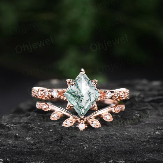 Kite cut green moss agate ring rose gold unique engagement ring set women leafopal ring silver moissanite bridal wedding promise ring set