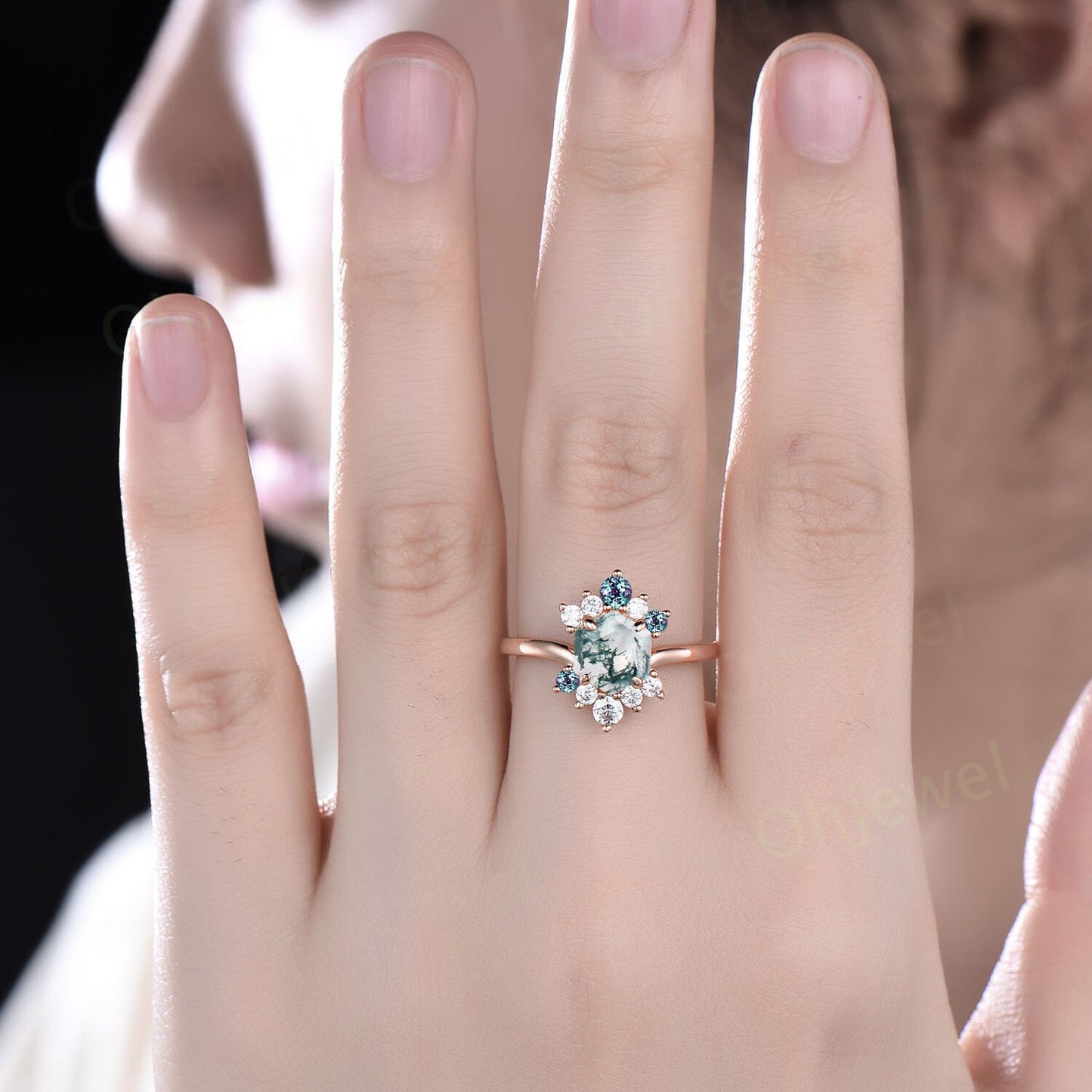 7mm Hexagon cut green moss agate ring white gold vintage unique engagement ring for women cluster diamond alexandrite wedding ring silver