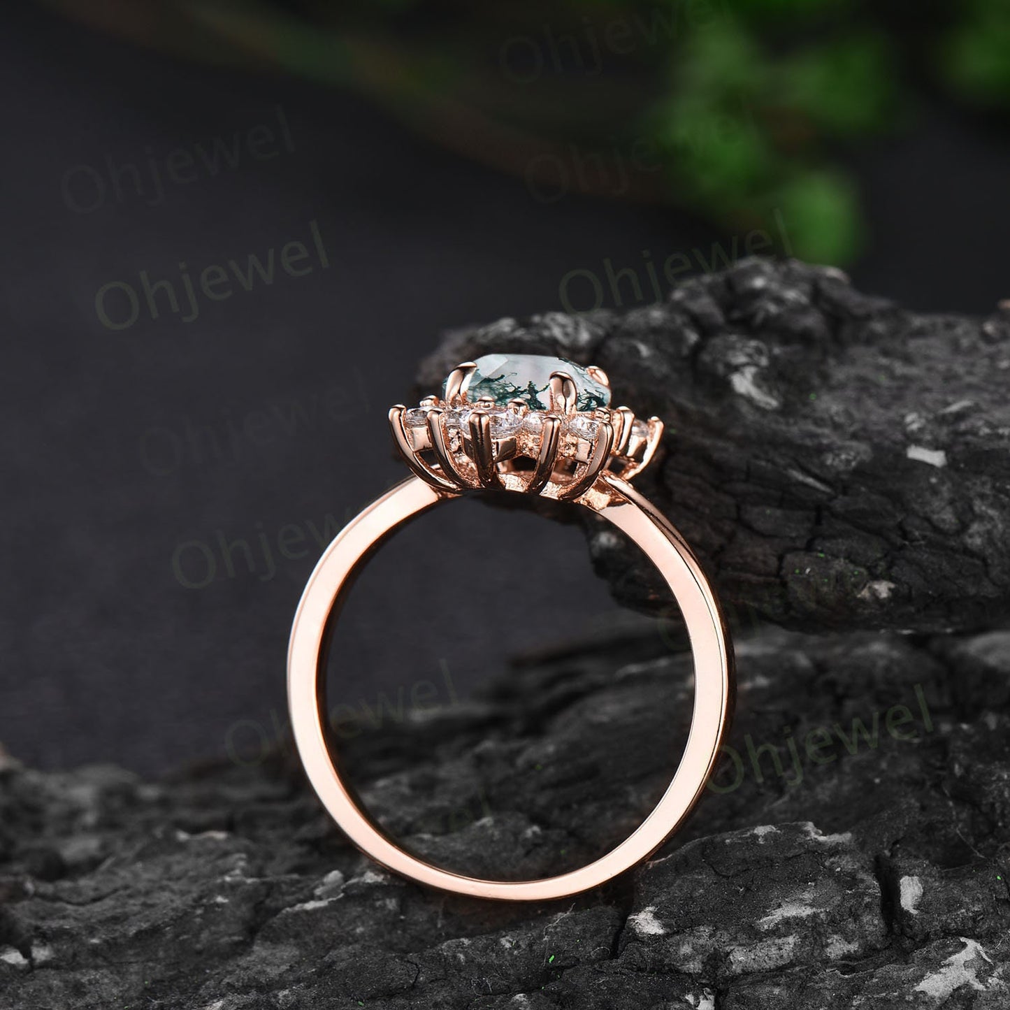 7mm Hexagon cut green moss agate ring white gold vintage unique engagement ring for women cluster diamond alexandrite wedding ring silver