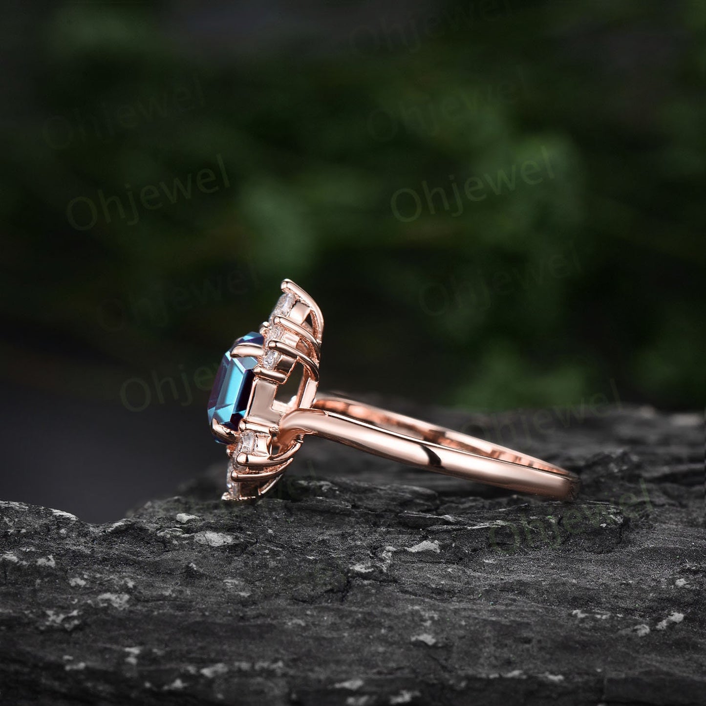 7mm Hexagon cut alexandrite ring rose gold vintage unique engagement ring for women unique diamond ring cluster moissanite promise ring her