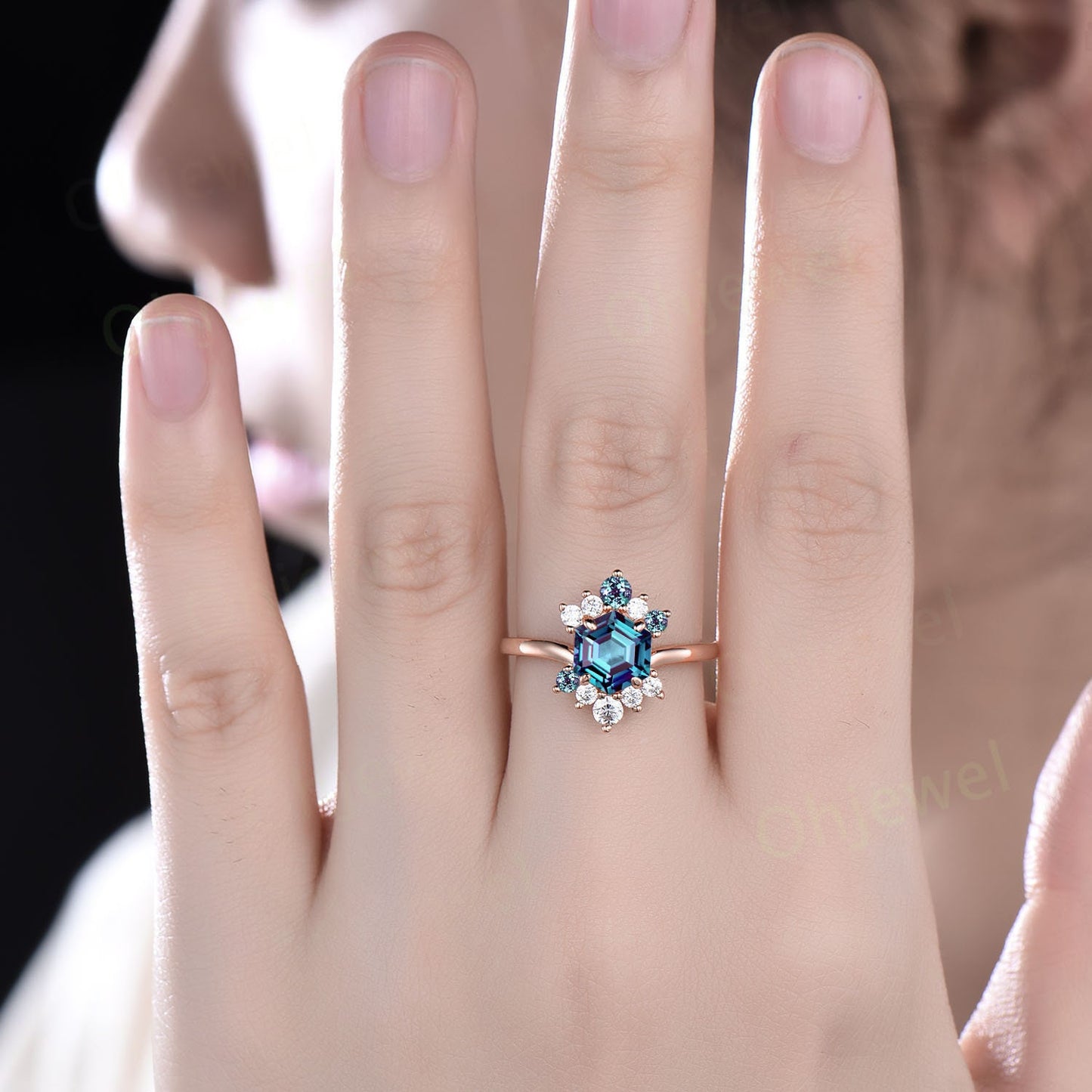 7mm Hexagon cut alexandrite ring rose gold vintage unique engagement ring for women unique diamond ring cluster moissanite promise ring her