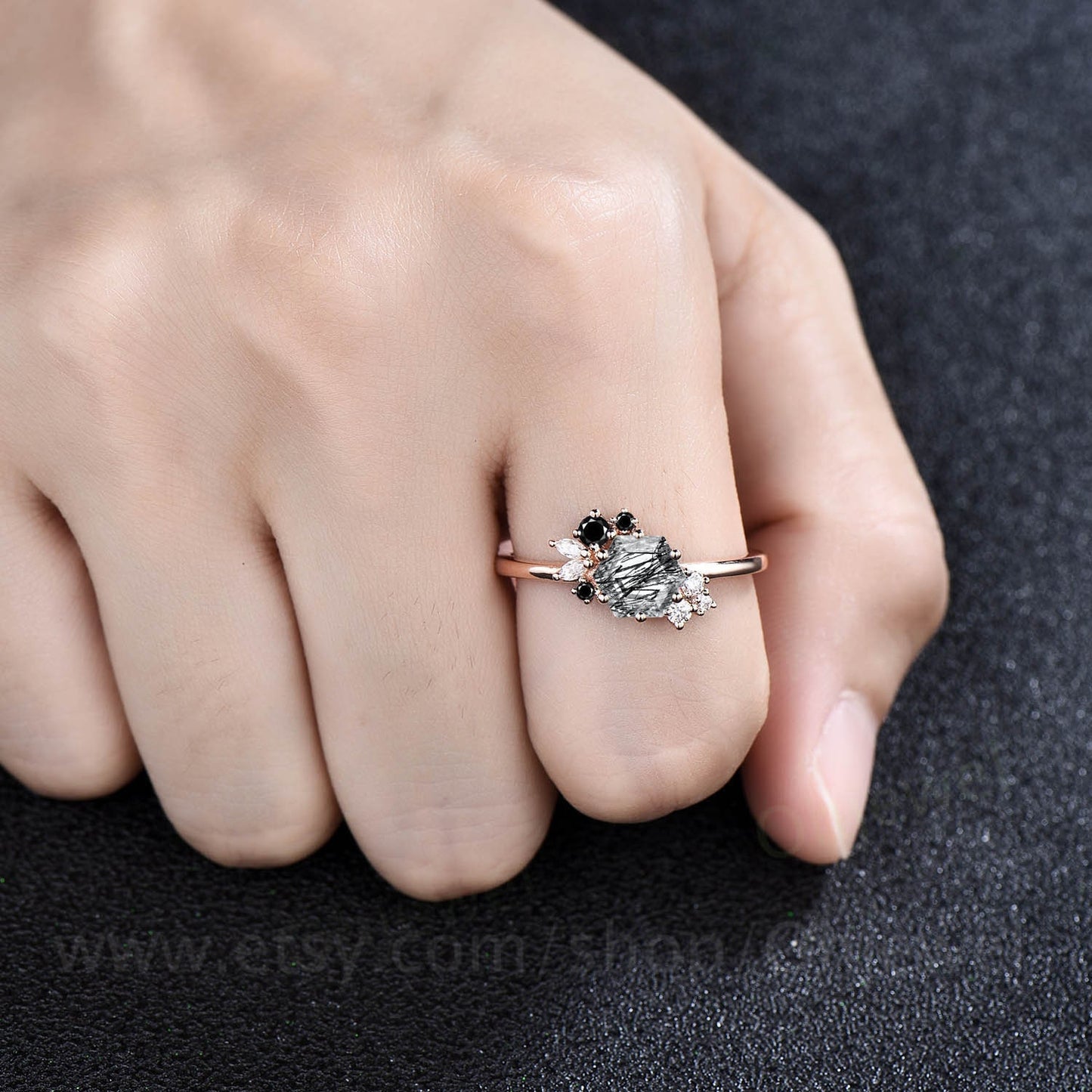 Hexagon cut black rutilated quartz ring vintage unique engagement ring rose gold marquise cluster black diamond dainty wedding ring women