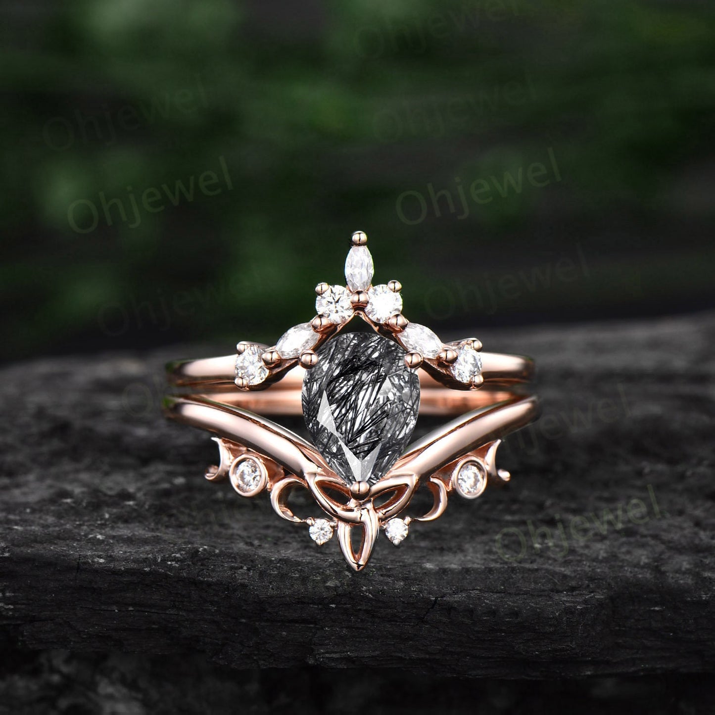 Pear shaped black rutilated quartz ring rose gold vintage cluster unique engagement ring art deco diamond promise wedding ring set for women
