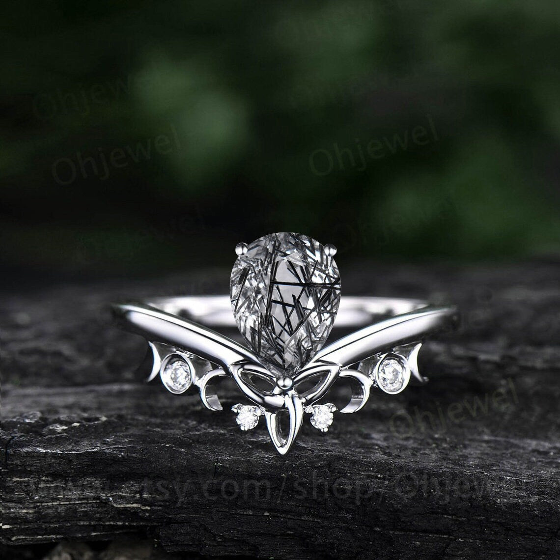 Pear shaped black rutilated quartz ring rose gold vintage cluster unique engagement ring art deco diamond promise wedding ring set for women