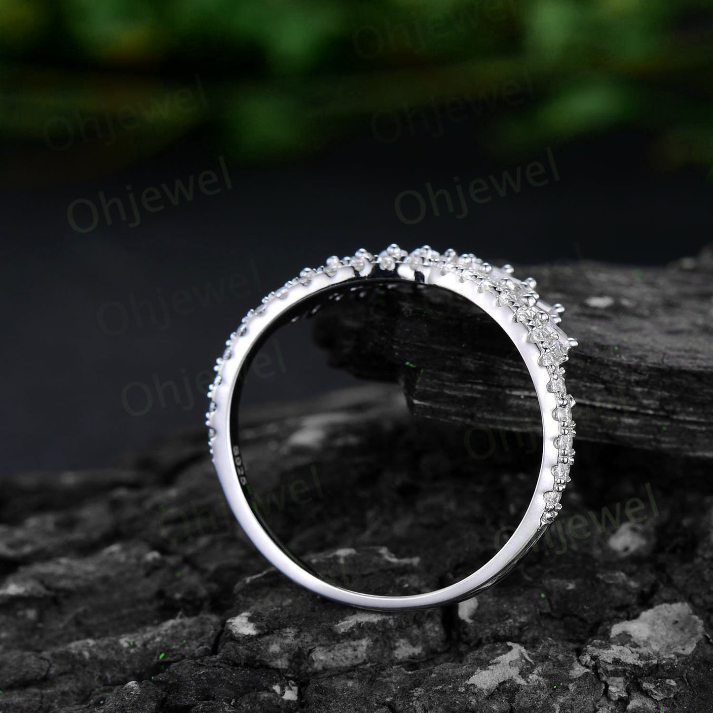 Vintage baguette cut moissanite wedding band 14k white gold half eternity crown curved V shaped wedding ring band women anniversary ring