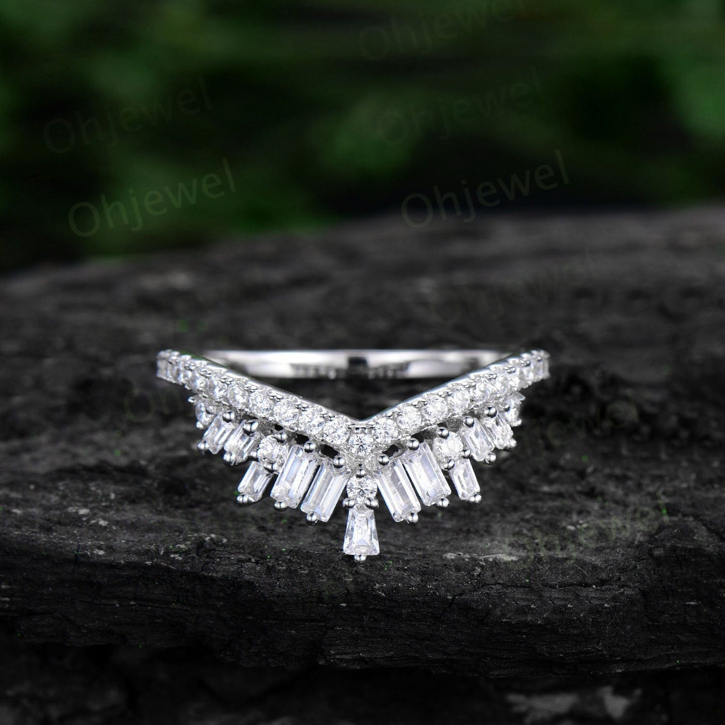 Vintage baguette cut moissanite wedding band 14k white gold half eternity crown curved V shaped wedding ring band women anniversary ring