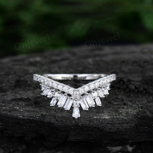 Vintage baguette cut moissanite wedding band 14k white gold half eternity crown curved V shaped wedding ring band women anniversary ring