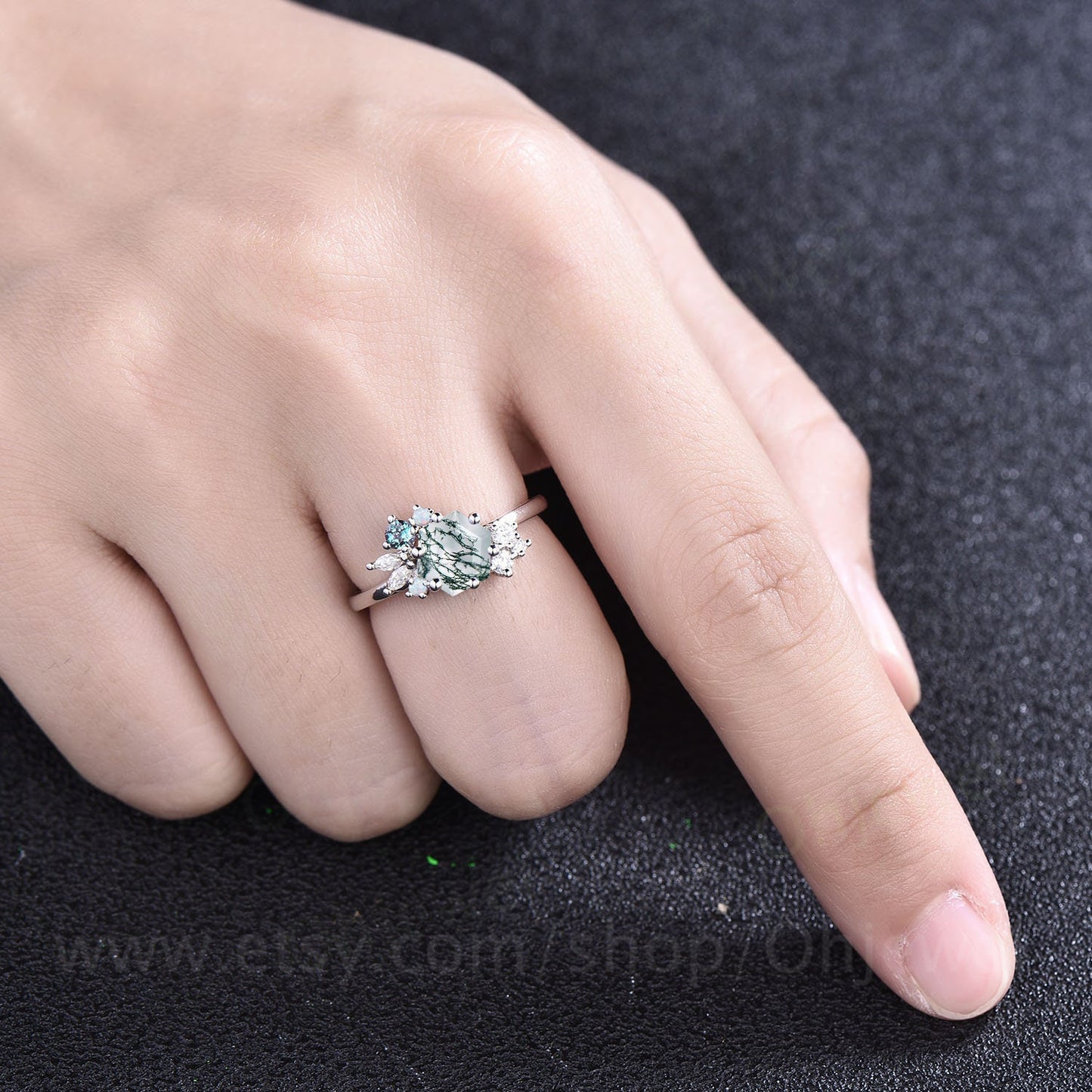 1ct Hexagon cut green moss agate ring gold silver cluster unique engagement ring for women opal alexandrite marquise diamond wedding ring