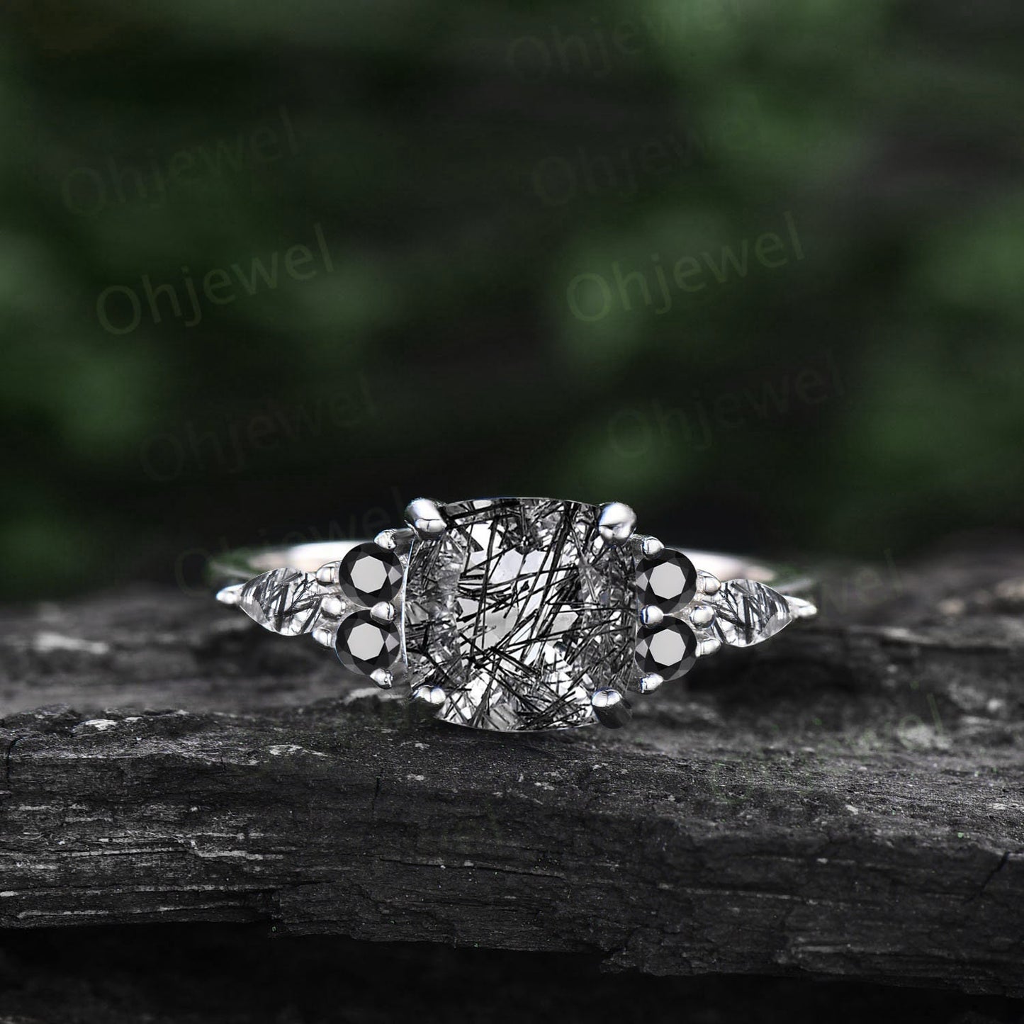 Vintage cushion cut black rutilated quartz ring rose gold unique engagement ring women marquise cut ring black diamond promise ring her gift
