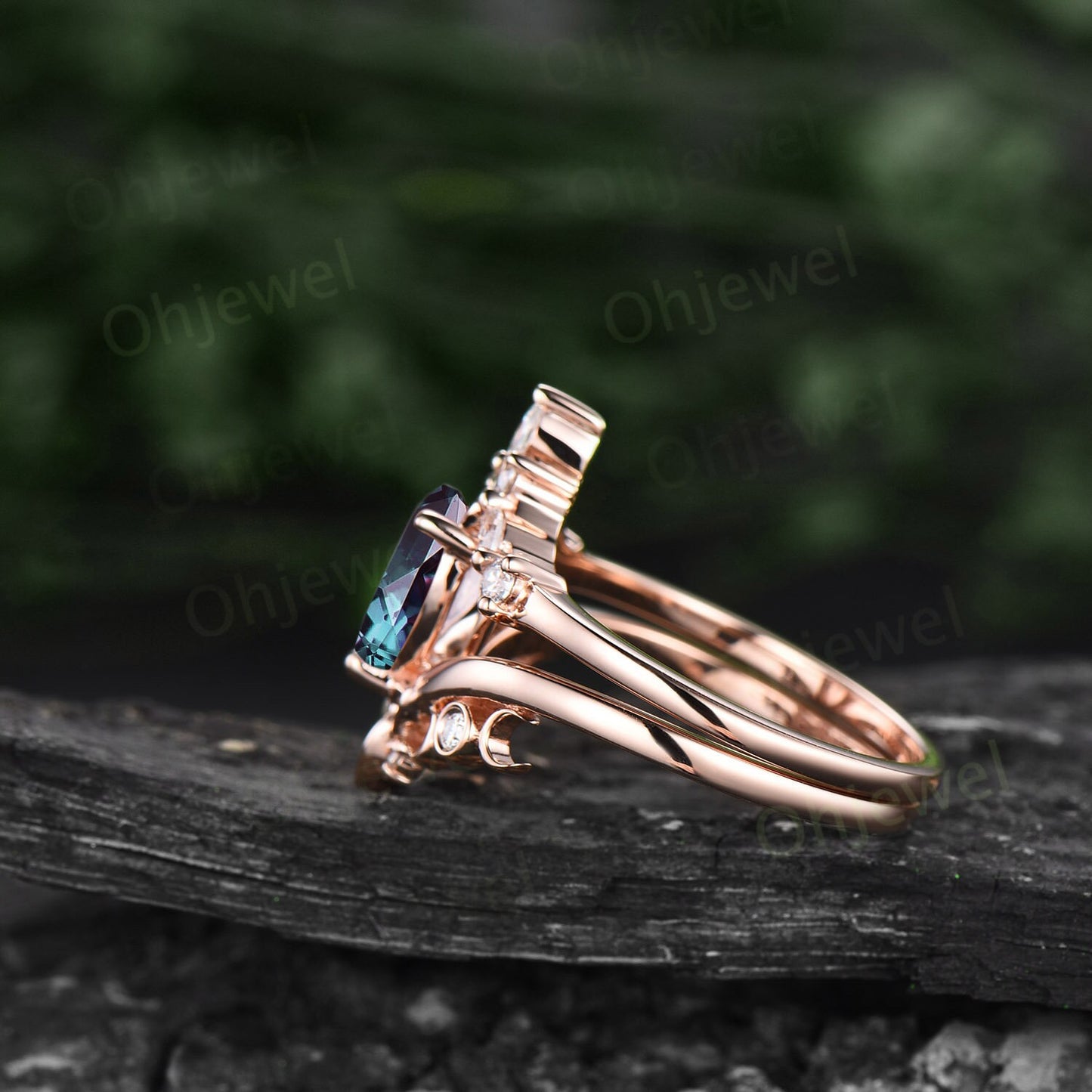 Unique promise ring set pear shaped Alexandrite engagement ring set 14k rose gold vintage diamond ring set women cluster marquise cut ring