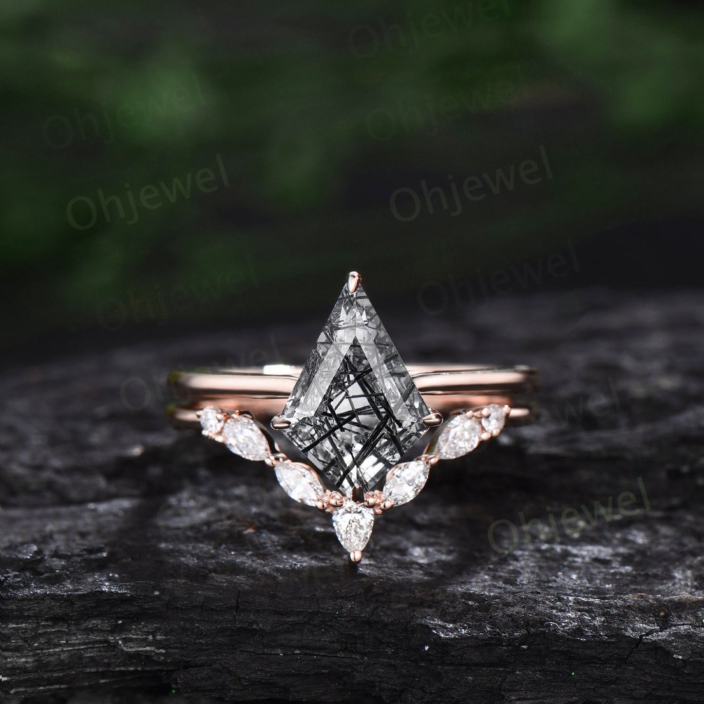 Vintage kite cut Black Rutilated Quartz engagement ring set yellow gold dainty moissanite ring unique Solitaire promise wedding ring women