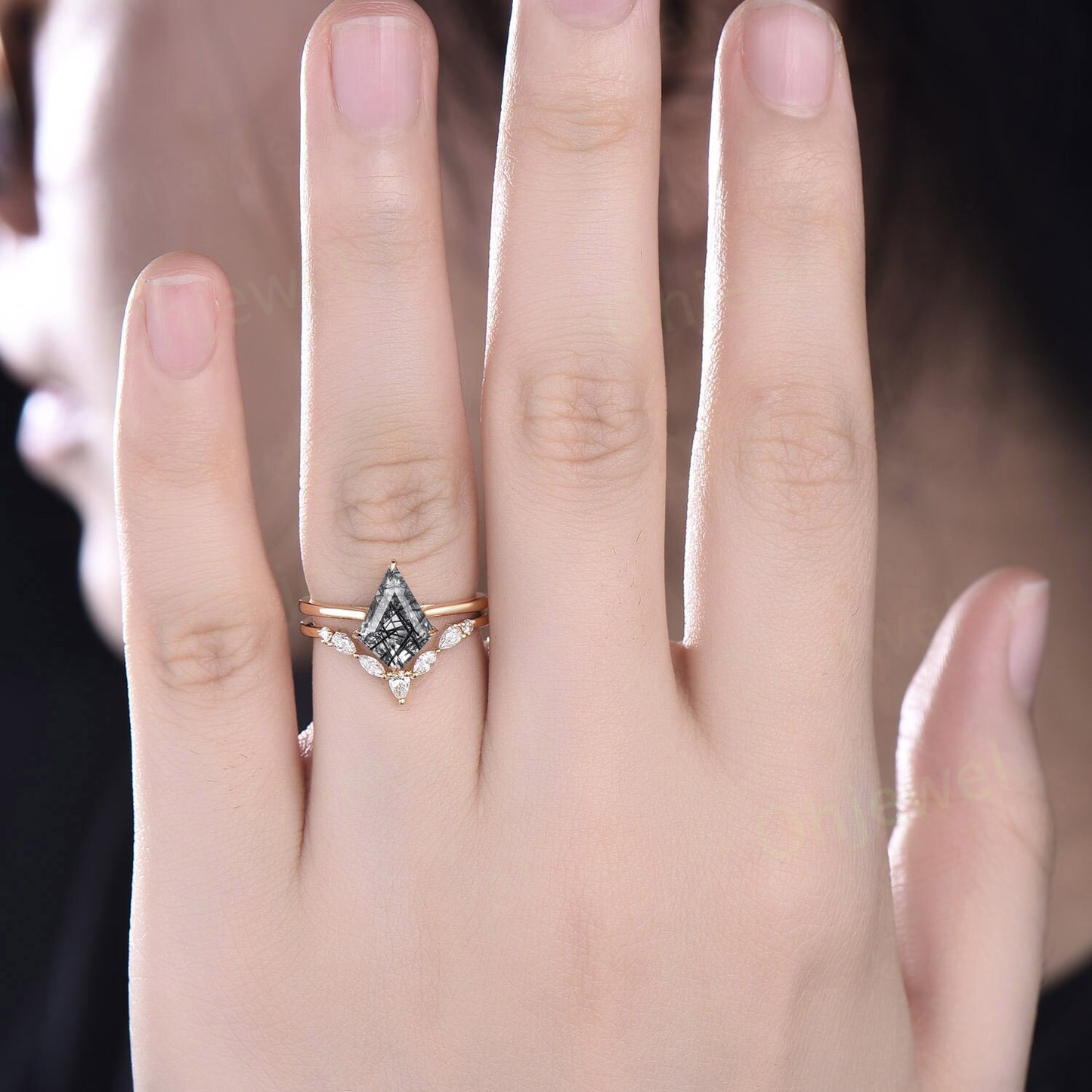 Vintage kite cut Black Rutilated Quartz engagement ring set yellow gold dainty moissanite ring unique Solitaire promise wedding ring women