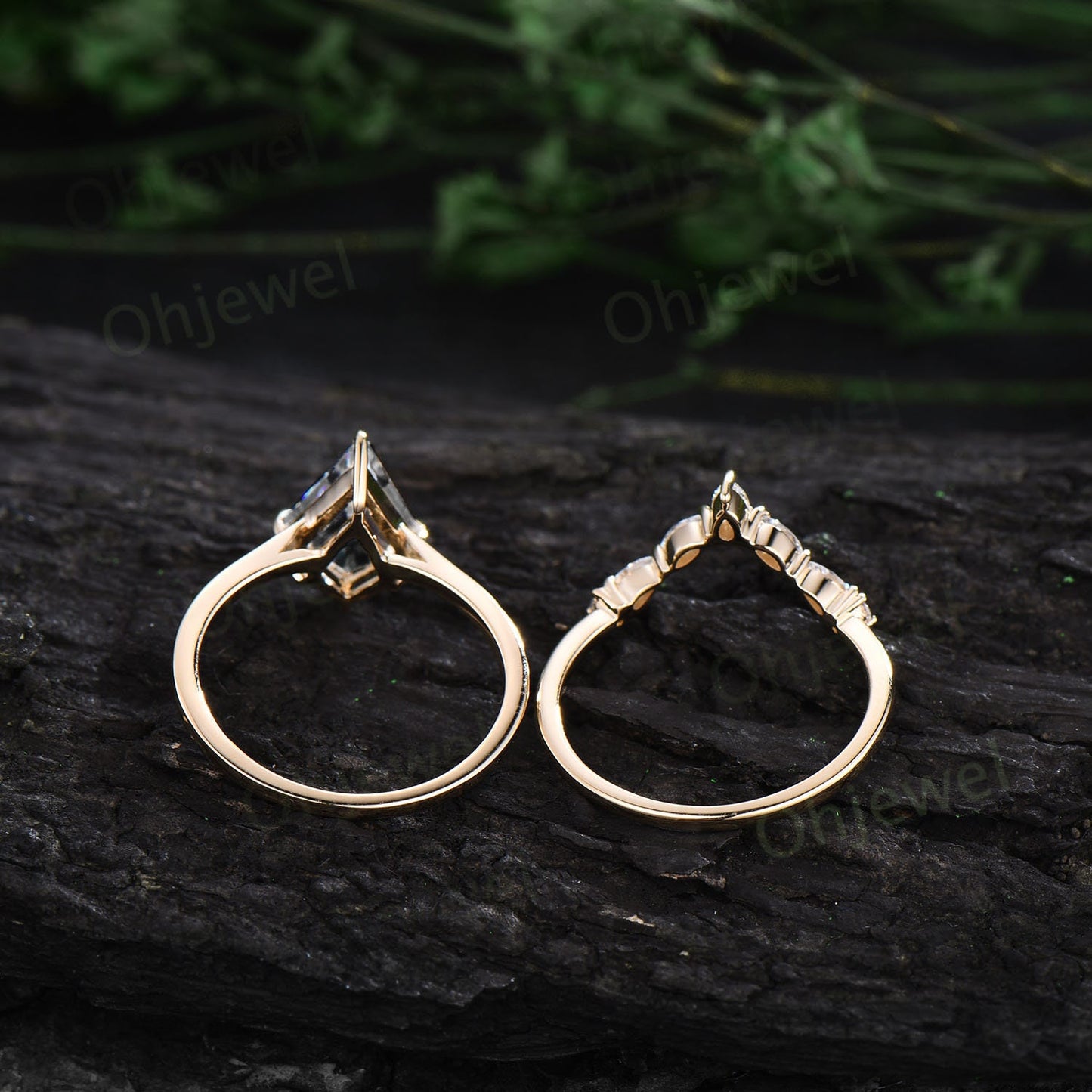 Vintage kite cut Black Rutilated Quartz engagement ring set yellow gold dainty moissanite ring unique Solitaire promise wedding ring women