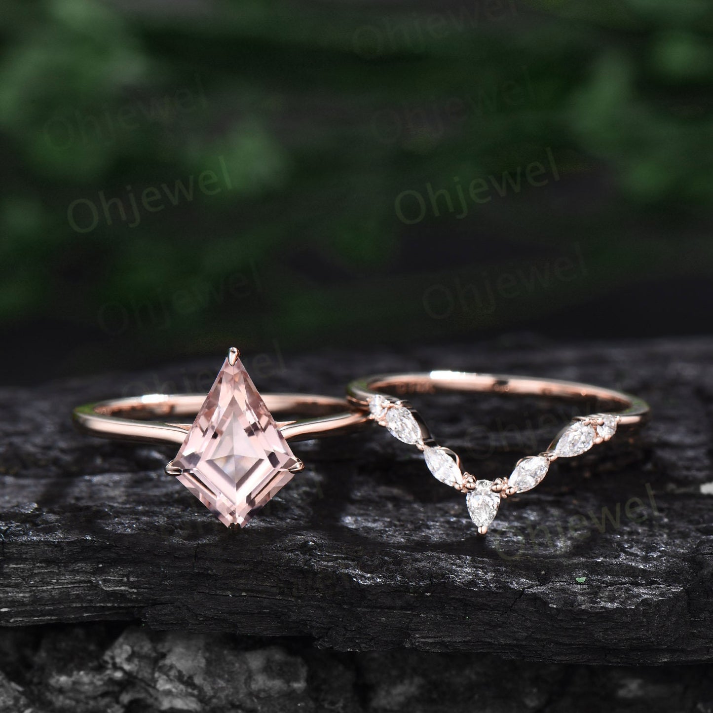 Vintage kite cut Morganite engagement ring set 14k rose gold marquise cut moissanite ring unique Solitaire promise wedding ring for women