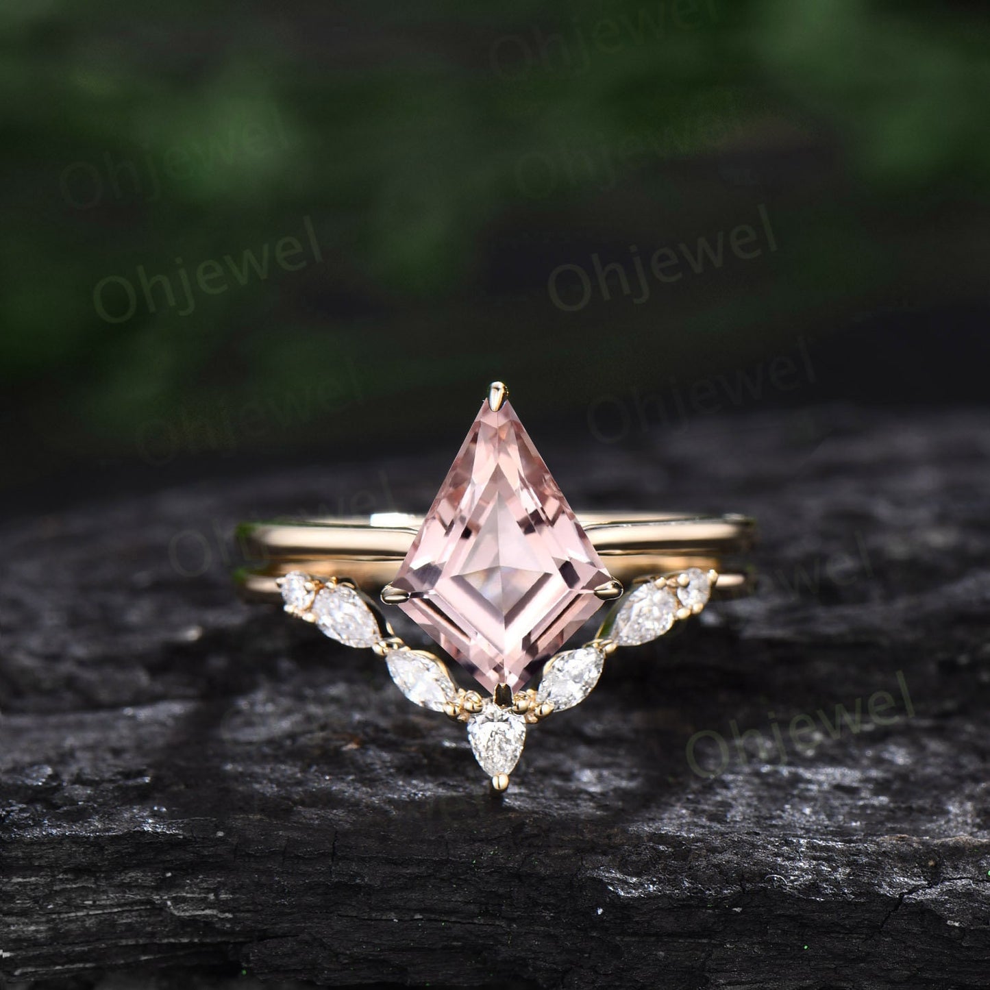 Vintage kite cut Morganite engagement ring set 14k rose gold marquise cut moissanite ring unique Solitaire promise wedding ring for women