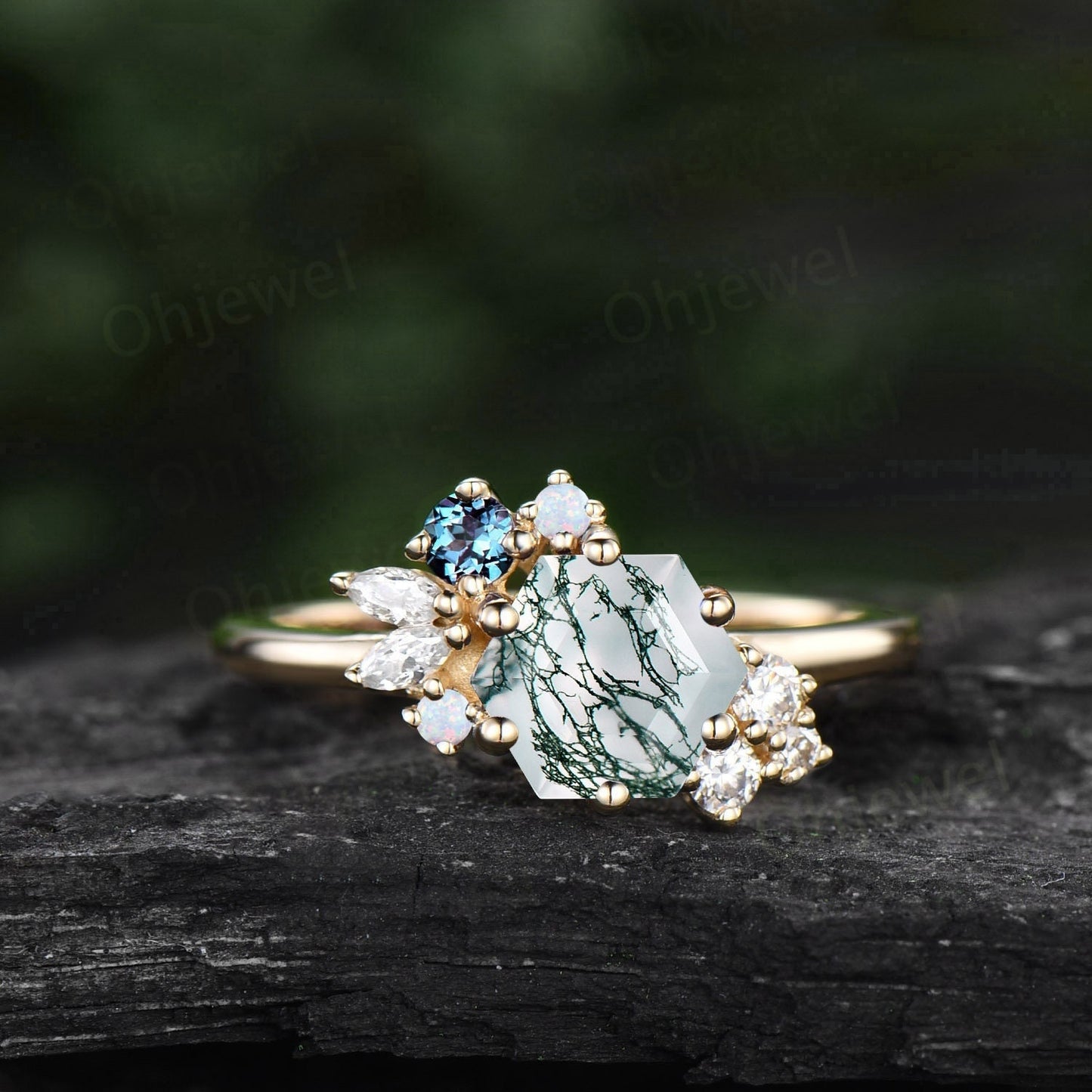 1ct Hexagon cut green moss agate ring gold silver cluster unique engagement ring for women opal alexandrite marquise diamond wedding ring