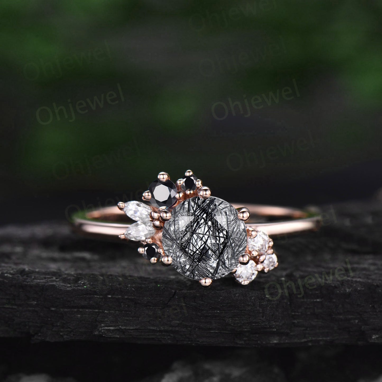 Vintage round cut black rutilated quartz engagement ring set rose gold cluster moissanite ring set black diamond wedding ring set for women