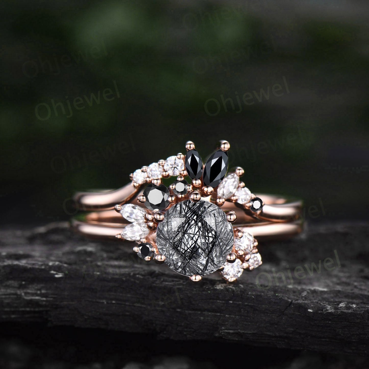 Vintage round cut black rutilated quartz engagement ring set rose gold cluster moissanite ring set black diamond wedding ring set for women