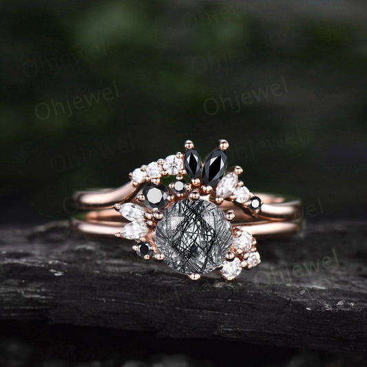 Vintage round cut black rutilated quartz engagement ring set rose gold cluster moissanite ring set black diamond wedding ring set for women
