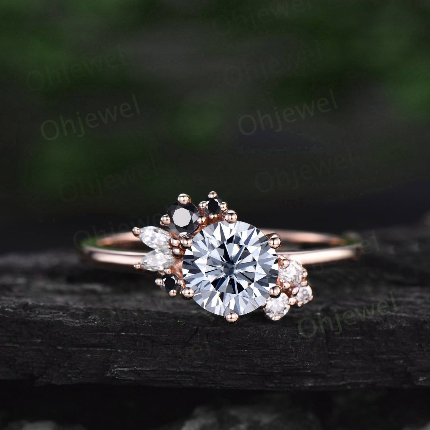 Vintage round cut Gray moissanite engagement ring set rose gold art deco cluster black diamond unique promise wedding ring set for women