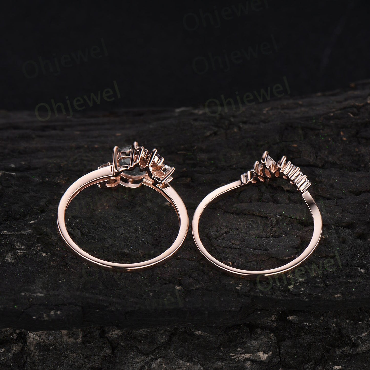 Vintage round cut Gray moissanite engagement ring set rose gold art deco cluster black diamond unique promise wedding ring set for women