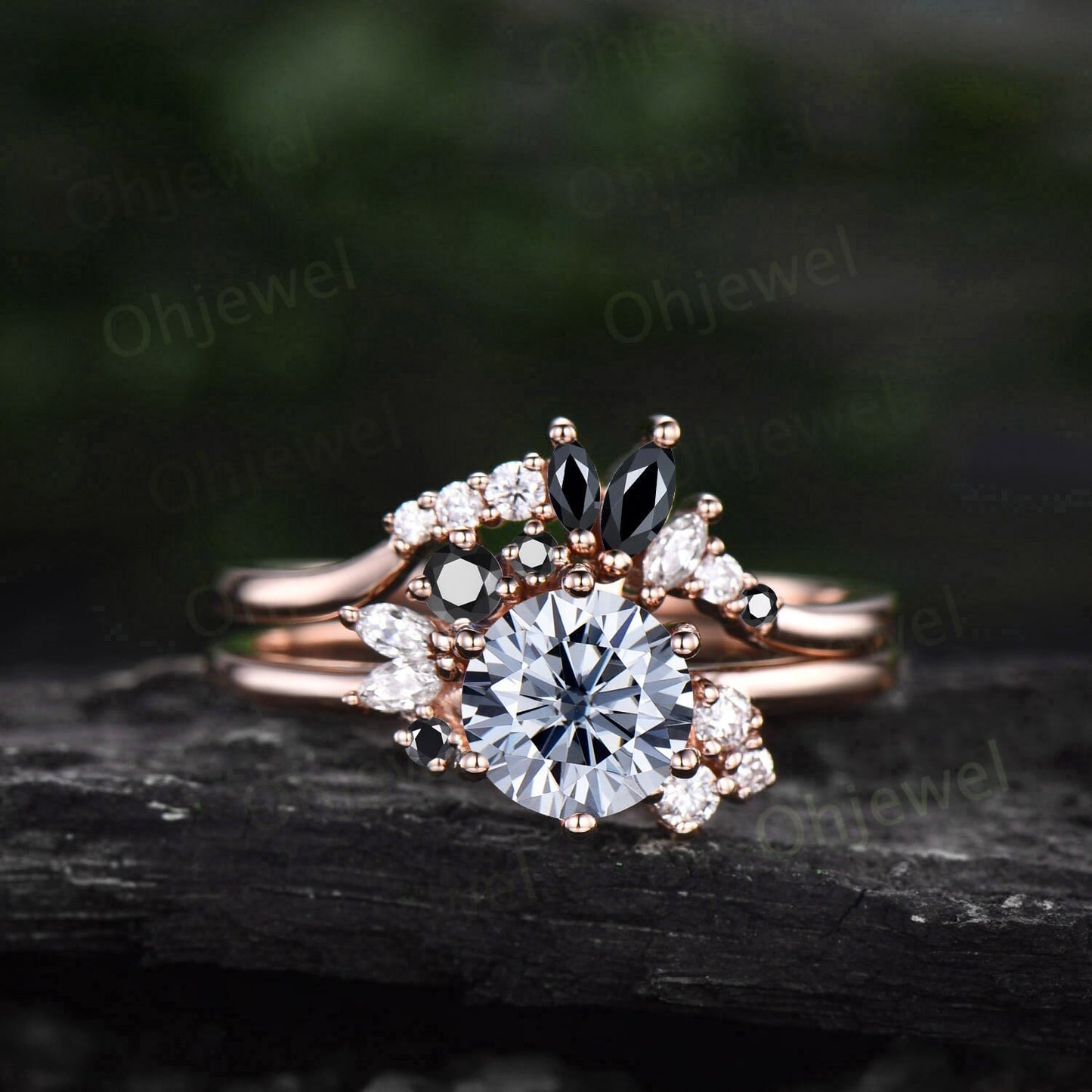 Vintage round cut Gray moissanite engagement ring set rose gold art deco cluster black diamond unique promise wedding ring set for women
