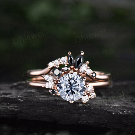 Vintage round cut Gray moissanite engagement ring set rose gold art deco cluster black diamond unique promise wedding ring set for women