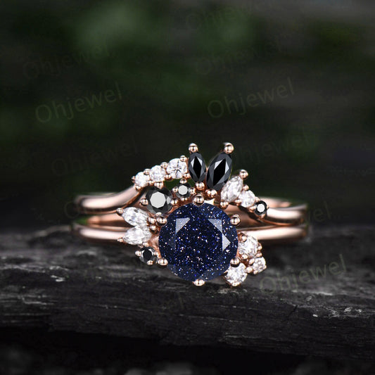 Vintage round cut blue sandstone engagement ring set rose gold silver cluster moissanite ring set black diamond wedding ring set for women