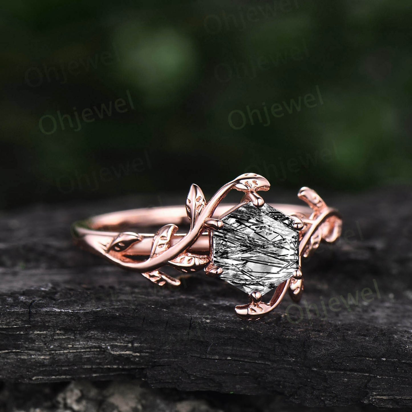 Vintage Hexagon cut black rutilated quartz ring rose gold leaf nature inspired solitaire engagement ring women unique promise wedding ring