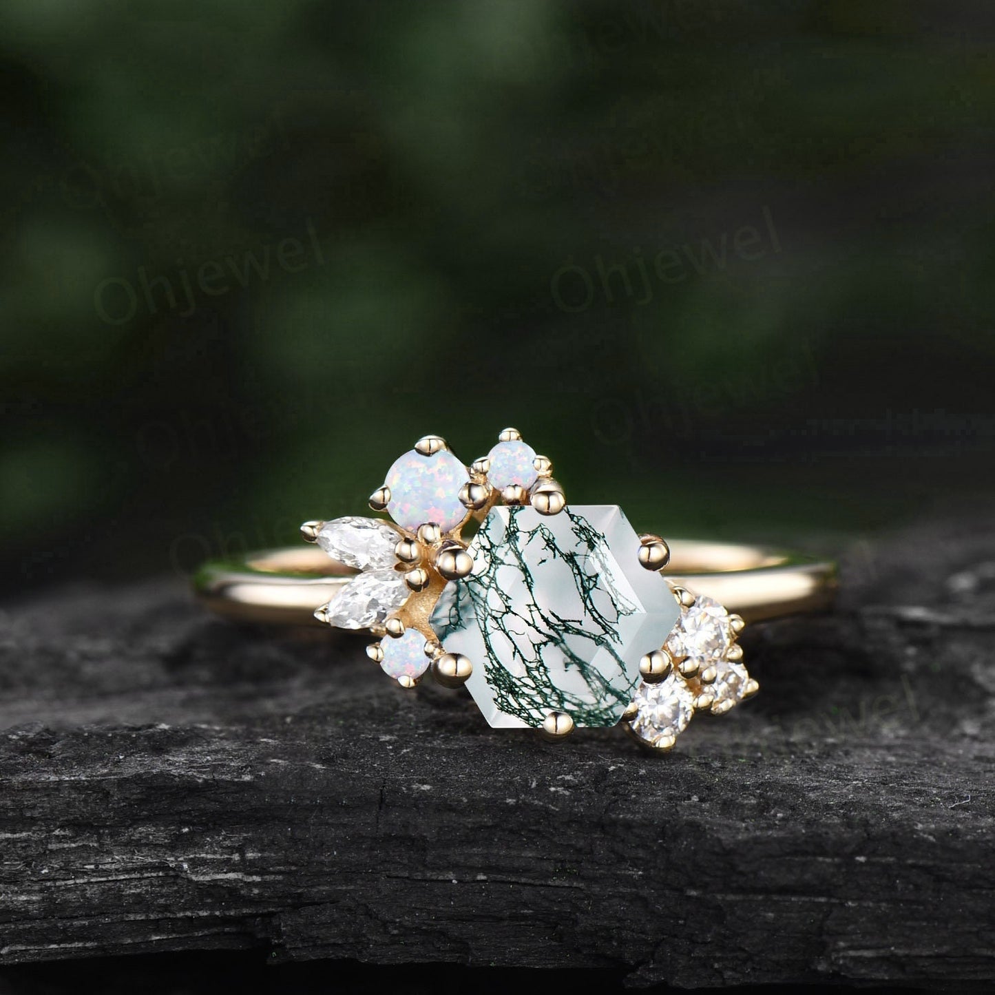 Hexagon cut green moss agate ring gold silver vintage unique engagement ring cluster opal ring art deco diamond promise wedding ring women