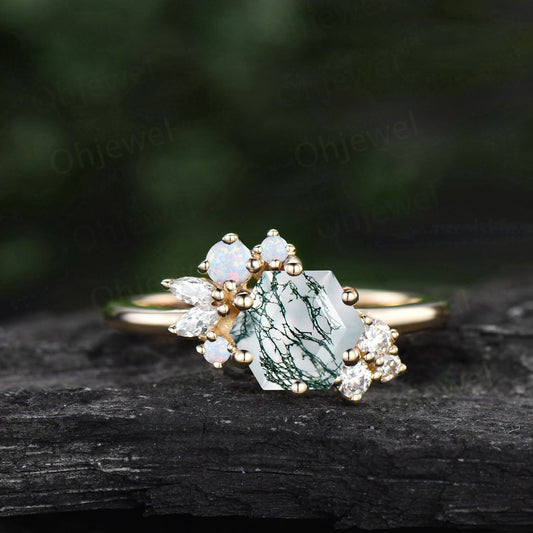 Hexagon cut green moss agate ring gold silver vintage unique engagement ring cluster opal ring art deco diamond promise wedding ring women