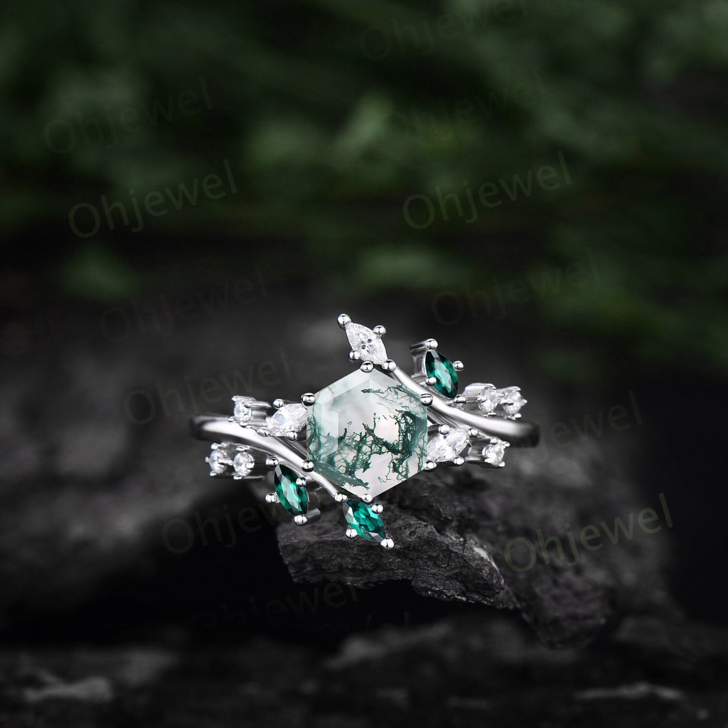 Unique Hexagon cut green moss agate engagement ring leaf rose gold vintage nature inspired marquise cut diamond emerald wedding ring women