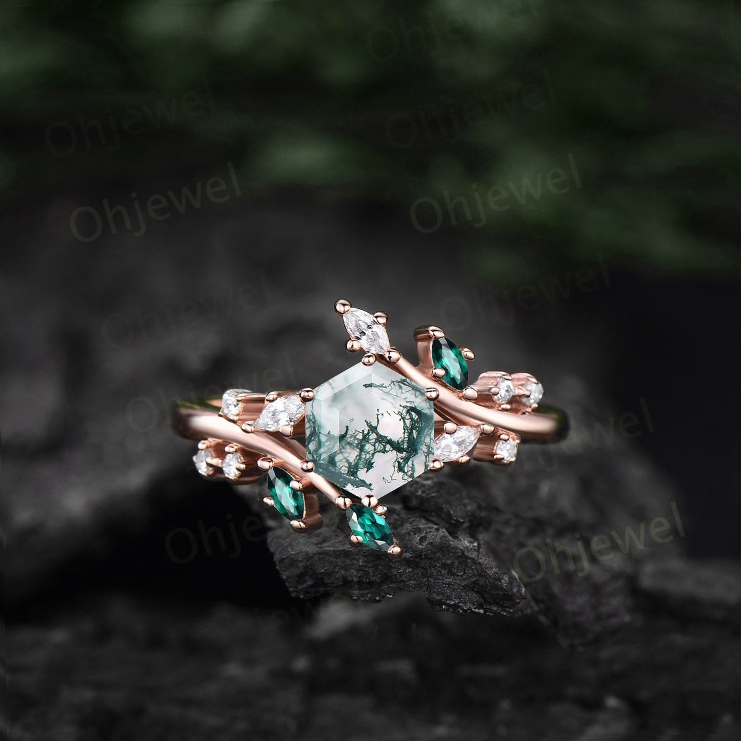 Unique Hexagon cut green moss agate engagement ring leaf rose gold vintage nature inspired marquise cut diamond emerald wedding ring women