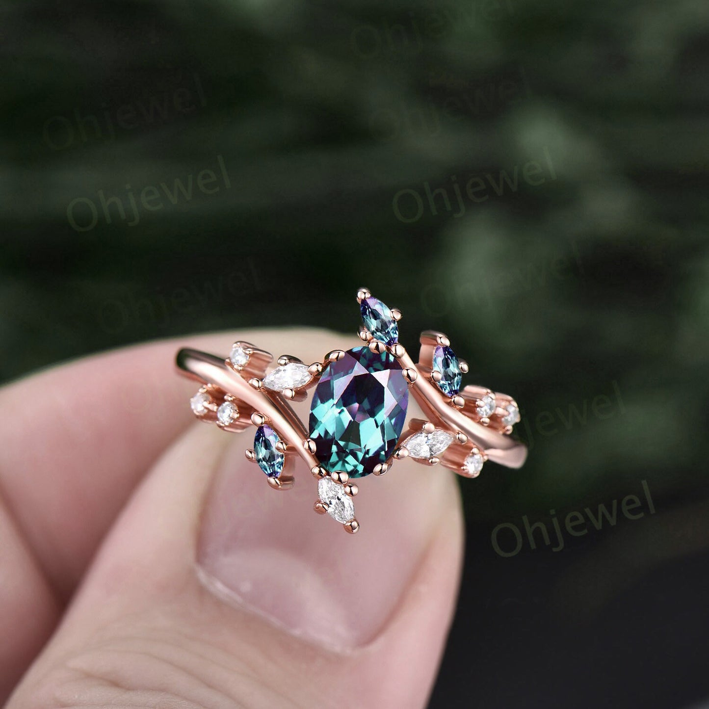 1ct oval cut Alexandrite ring gold silver for women vintage unique Alexandrite engagement ring cluster marquise cut diamond promise ring