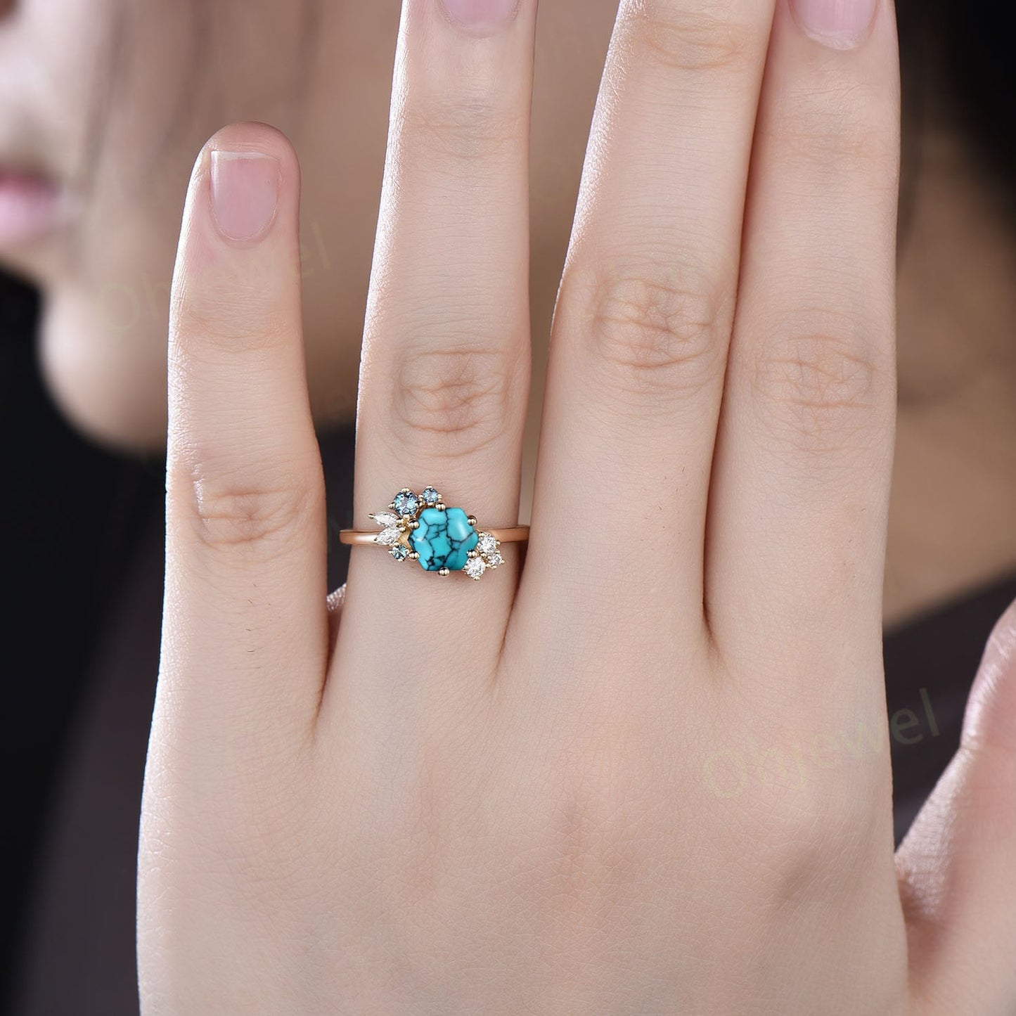 Hexagon cut Turquoise ring rose gold for women vintage unique Turquoise engagement ring cluster marquise diamond wedding promise ring gift
