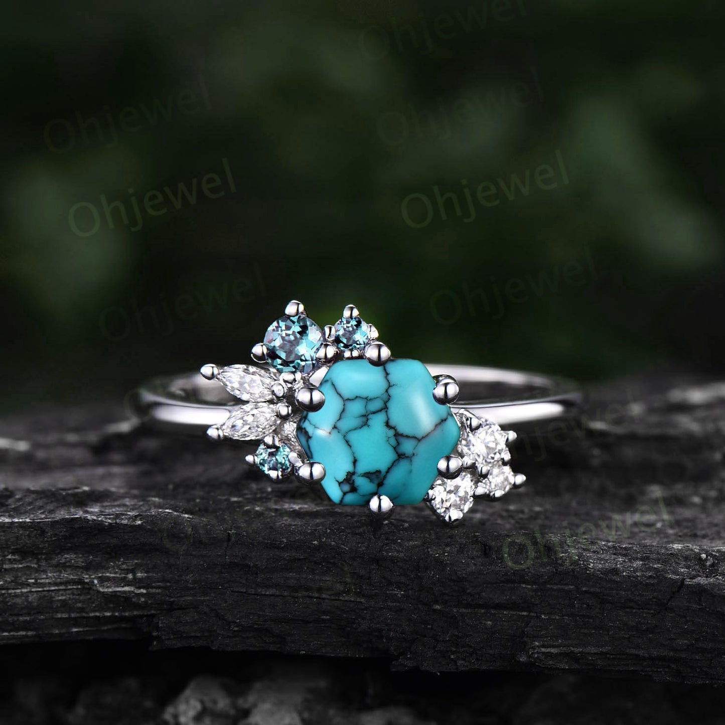 Hexagon cut Turquoise ring rose gold for women vintage unique Turquoise engagement ring cluster marquise diamond wedding promise ring gift