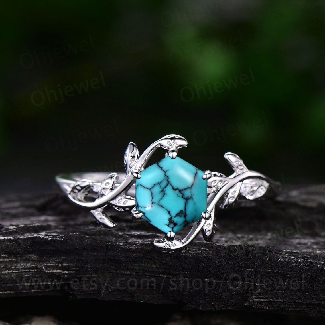 Hexagon Turquoise ring rose gold vintage unique leaf nature inspired engagement ring Vine Twisted wedding anniversary ring for women silver
