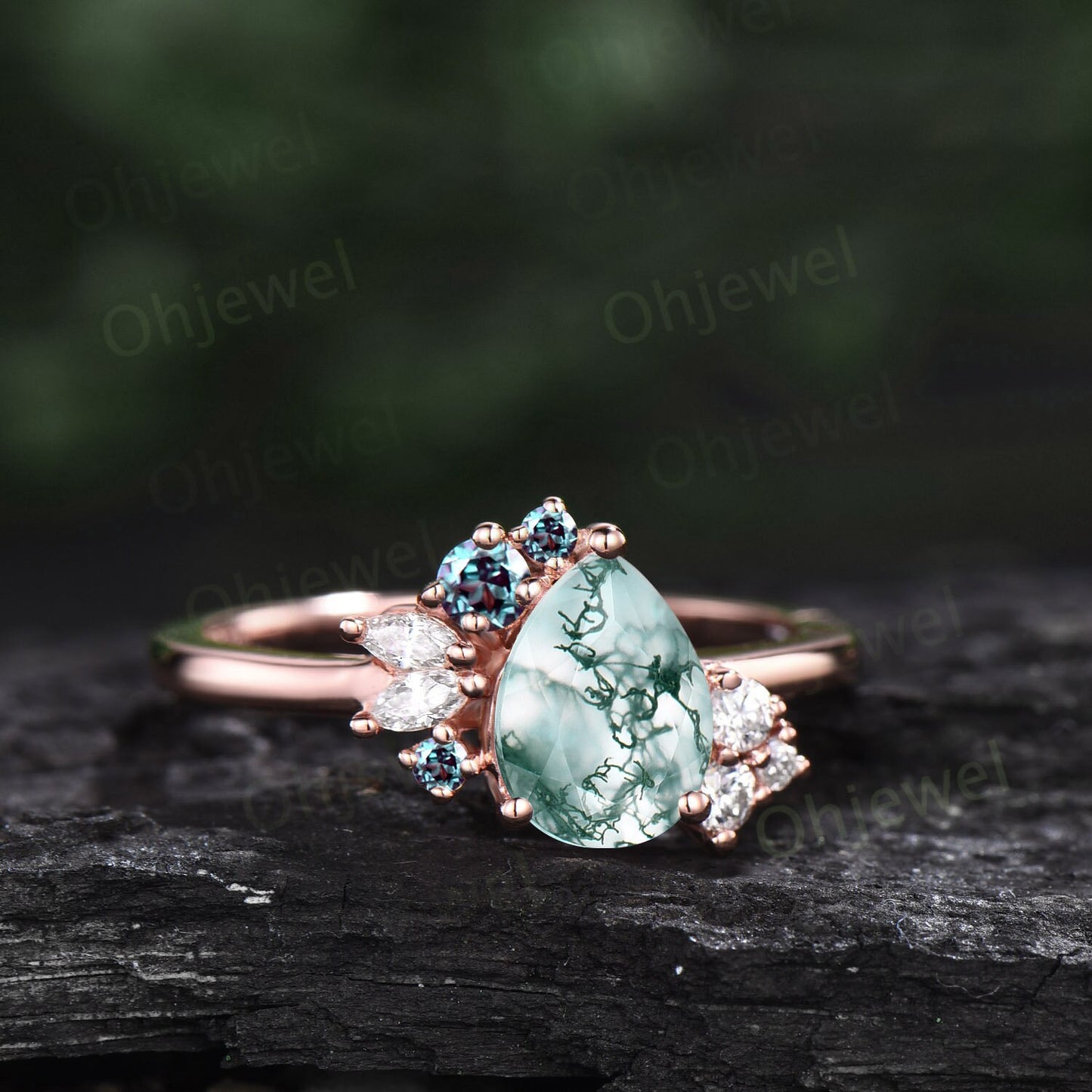 Pear shaped green moss agate ring rose gold vintage unique engagement ring cluster alexandrite ring marquise cut diamond wedding ring women