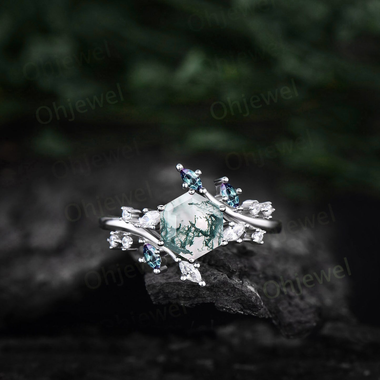 1ct hexagon cut green moss agate engagement ring 14k rose gold sterling silver marquise cut diamond alexandrite anniversary ring for women